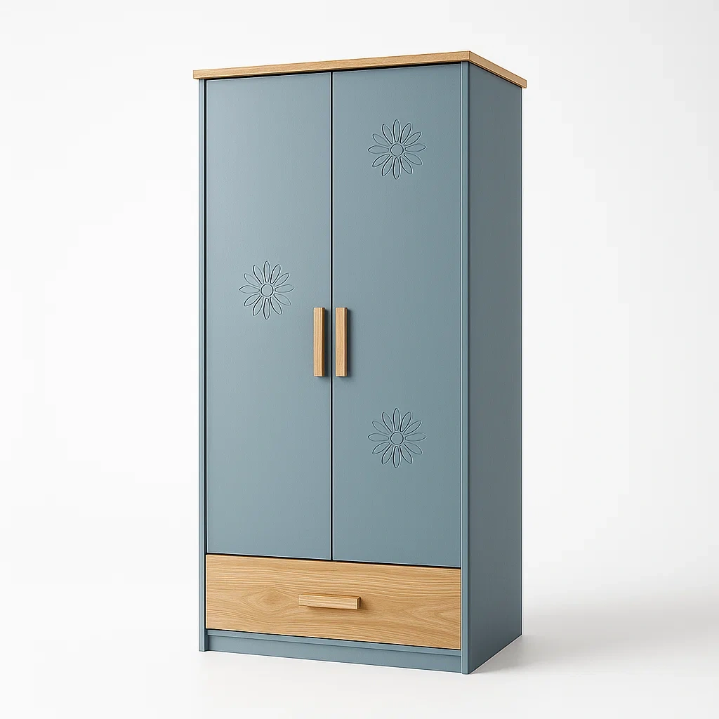 Holz Kleiderschrank Doppeltür Blau mit Blumenmuster-Nestalorae