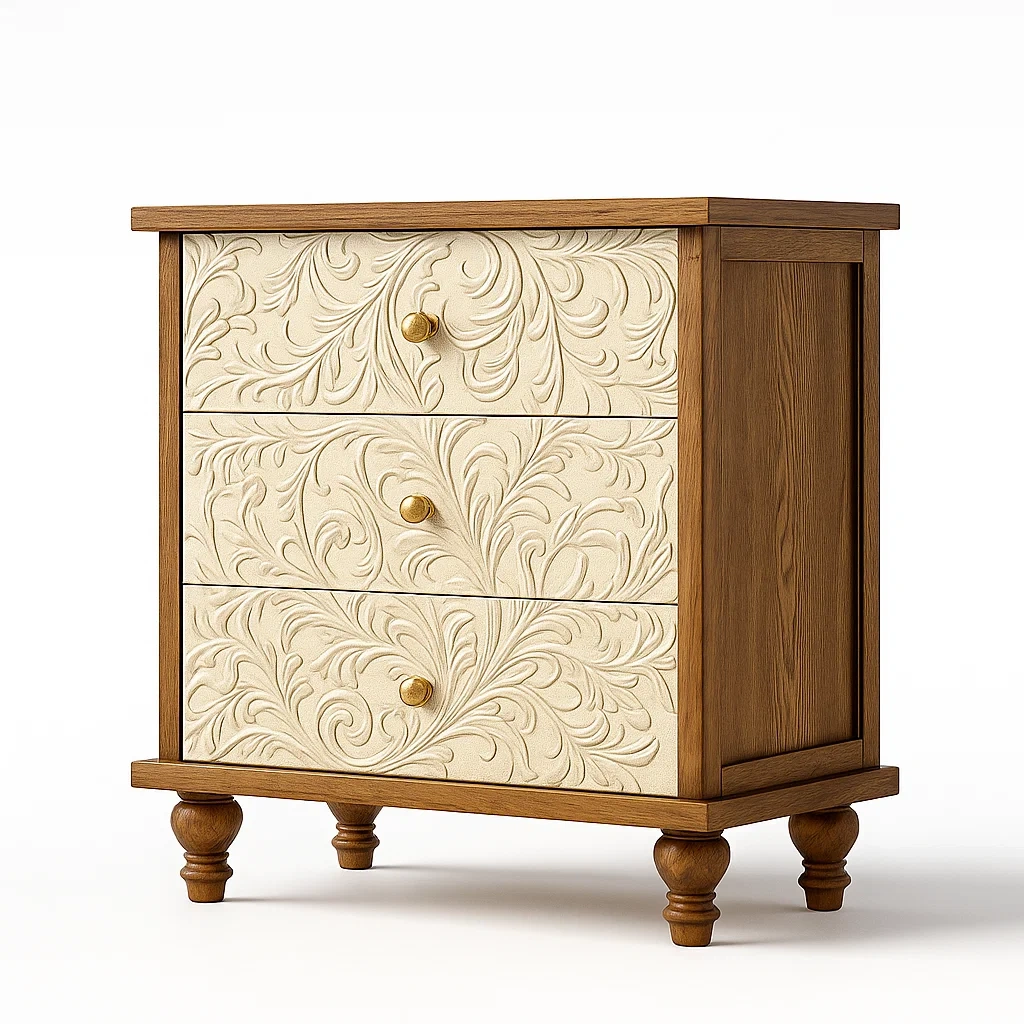 Kommode Holz 3 Schubladen geschnitzt 80x40x90cm Braun/Creme-Nestalorae