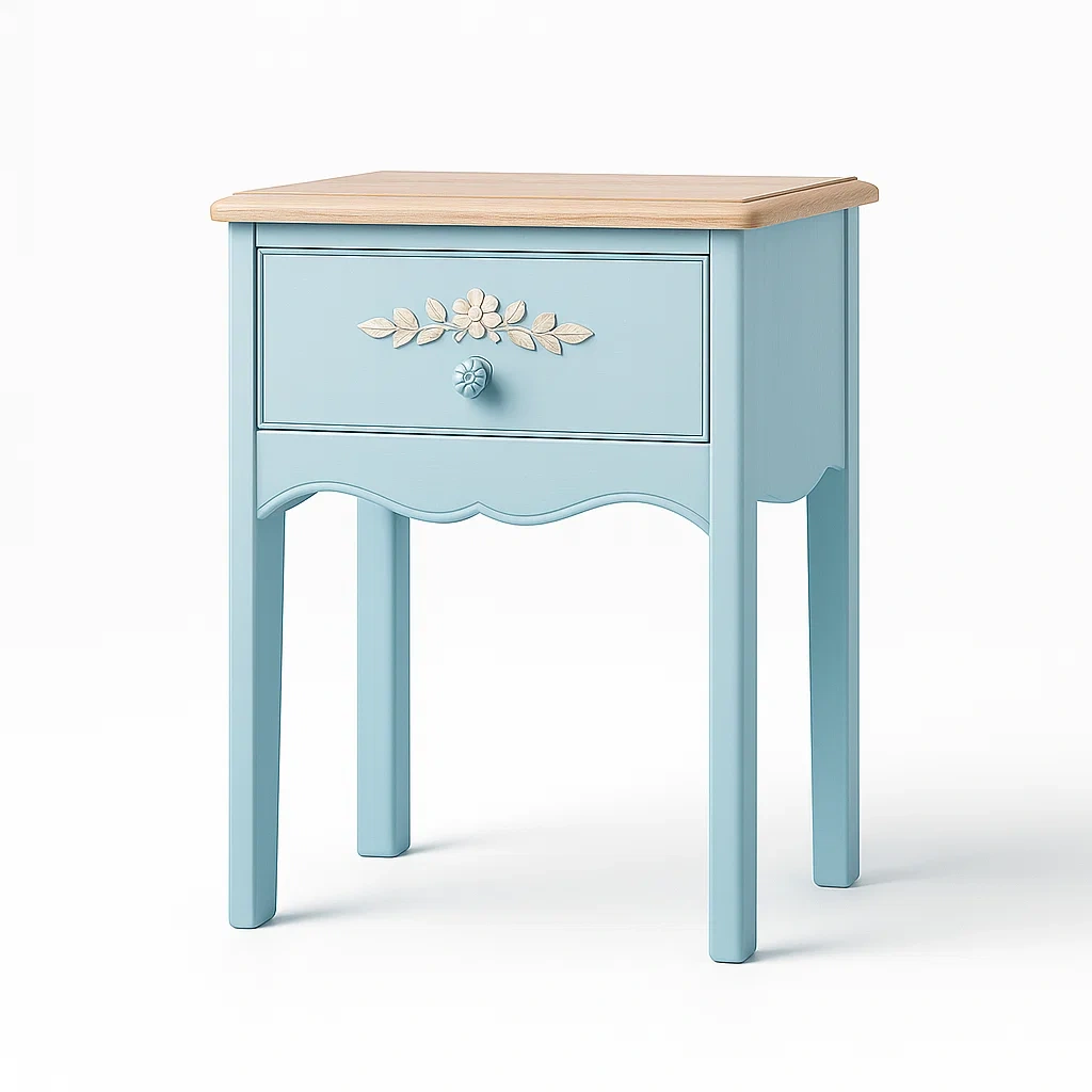 Holz Nachttisch Blau mit Blumengravur 40x30x60 cm-Nestalorae