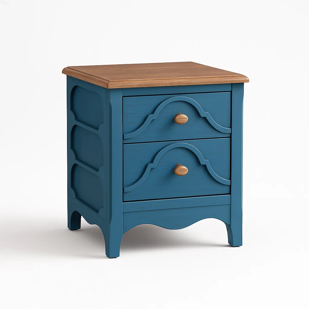 Blauer Nachttisch mit 2 Schubladen aus MDF und Eichenholz 45x35x60 cm-Nestalorae