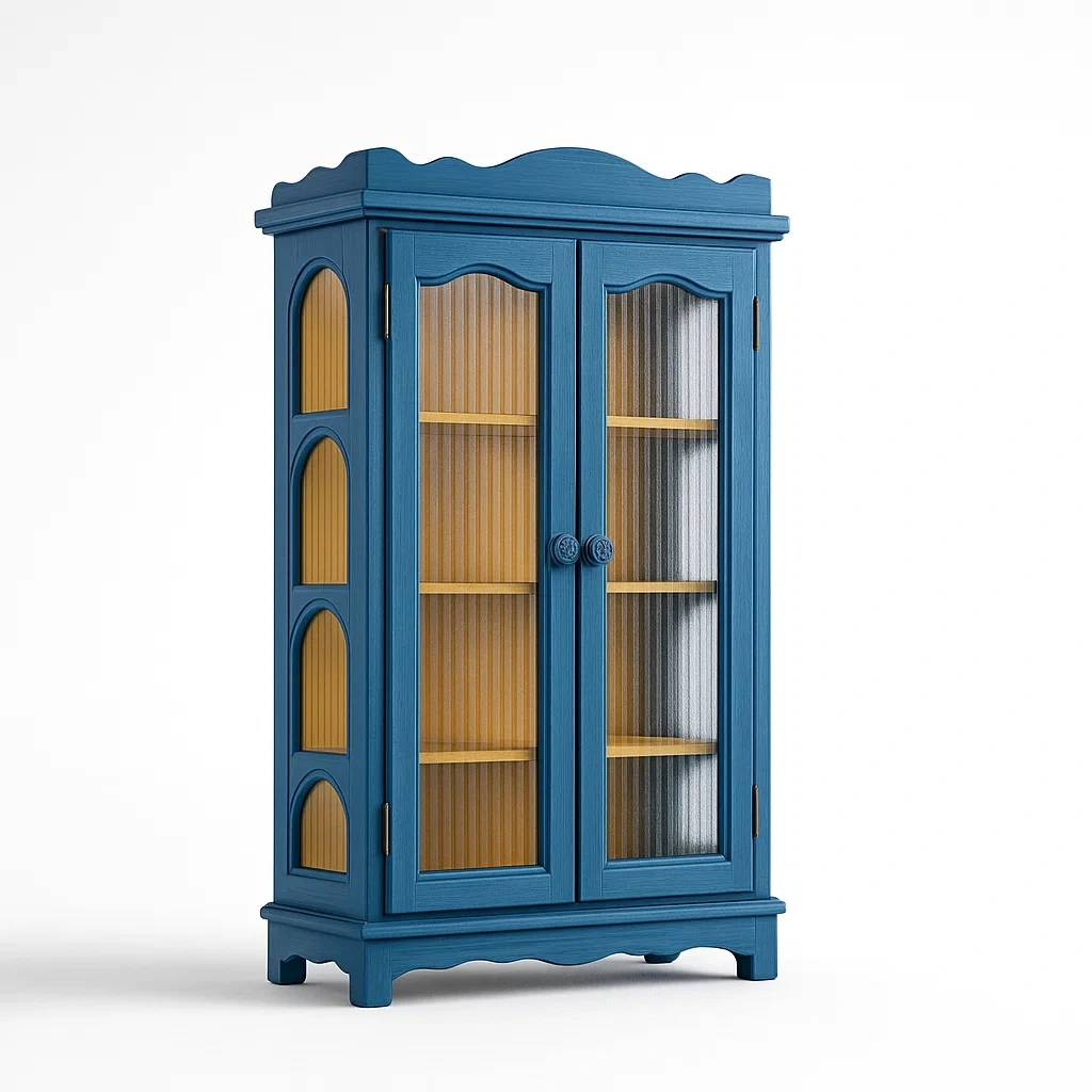 Holzvitrine mit geriffeltem Glasdoppeltüren Blau-Nestalorae