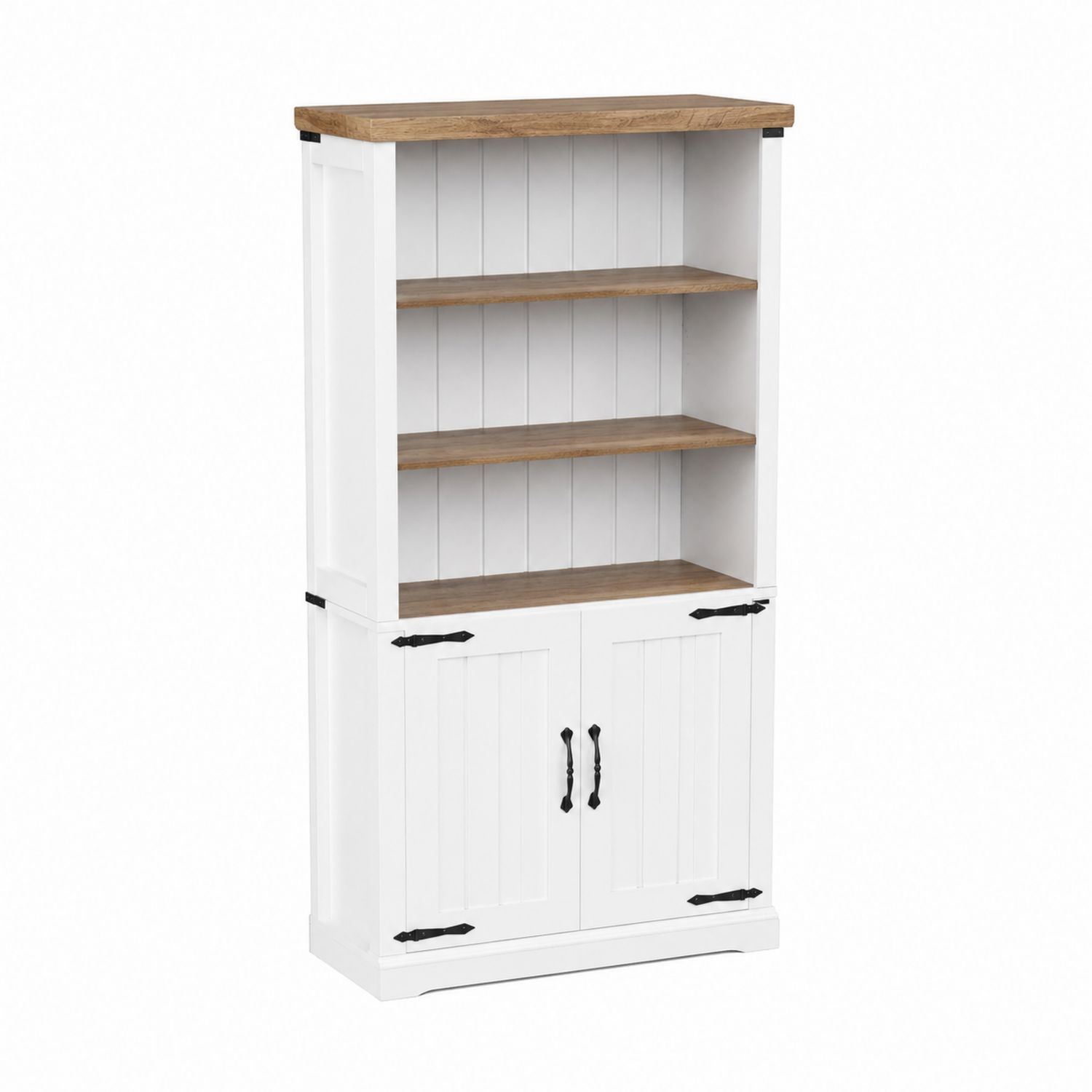 Estantería de madera maciza blanca y roble con puertas