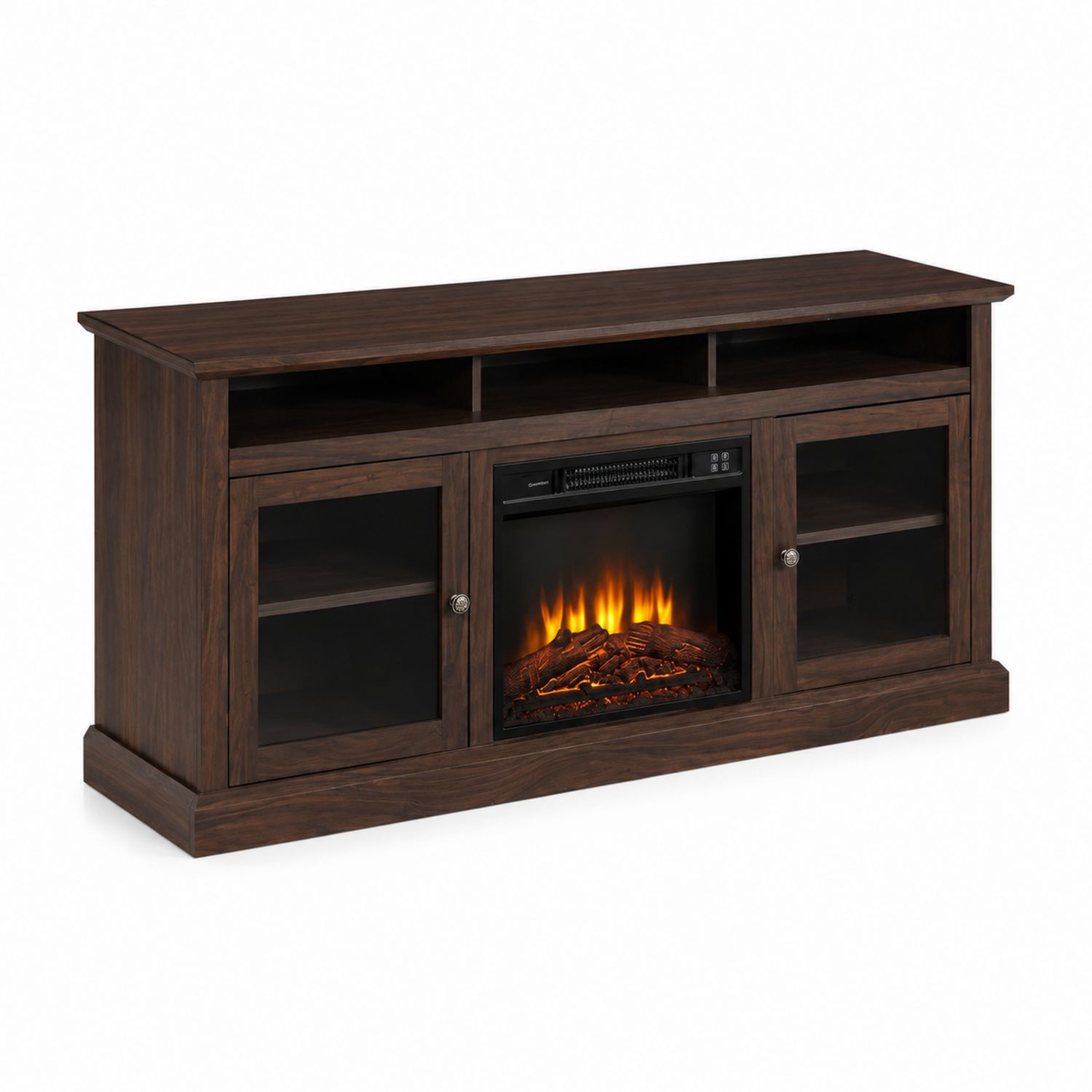 Mueble de TV con chimenea eléctrica, 140 cm, madera compuesta, marrón oscuro
