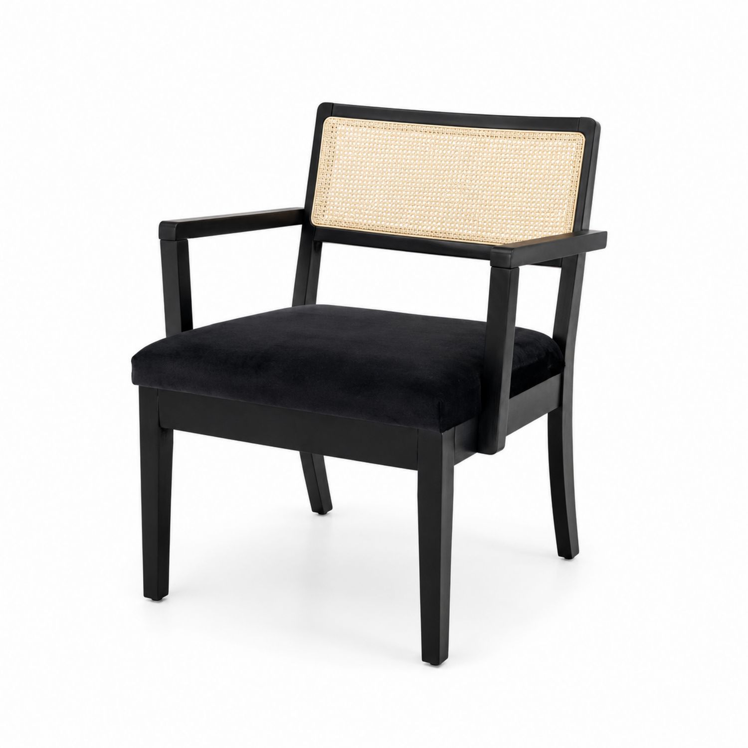 Silla de madera con respaldo de ratán y asiento de terciopelo negro