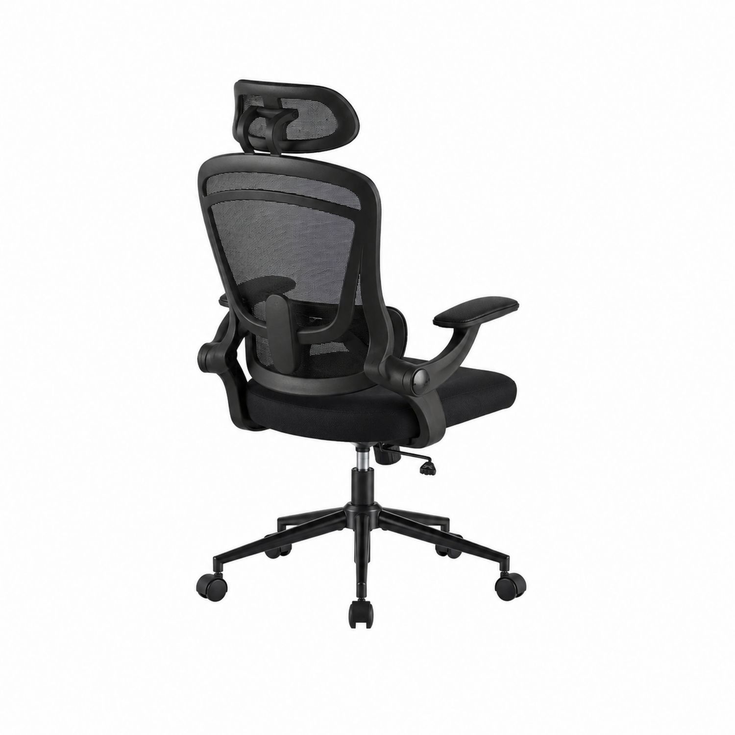 Silla de oficina ergonómica con respaldo de malla negra y reposacabezas ajustable