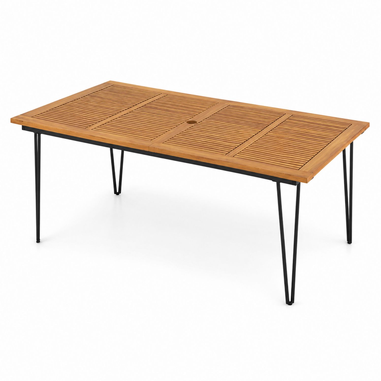 Mesa de comedor de madera de acacia y patas de acero para exteriores