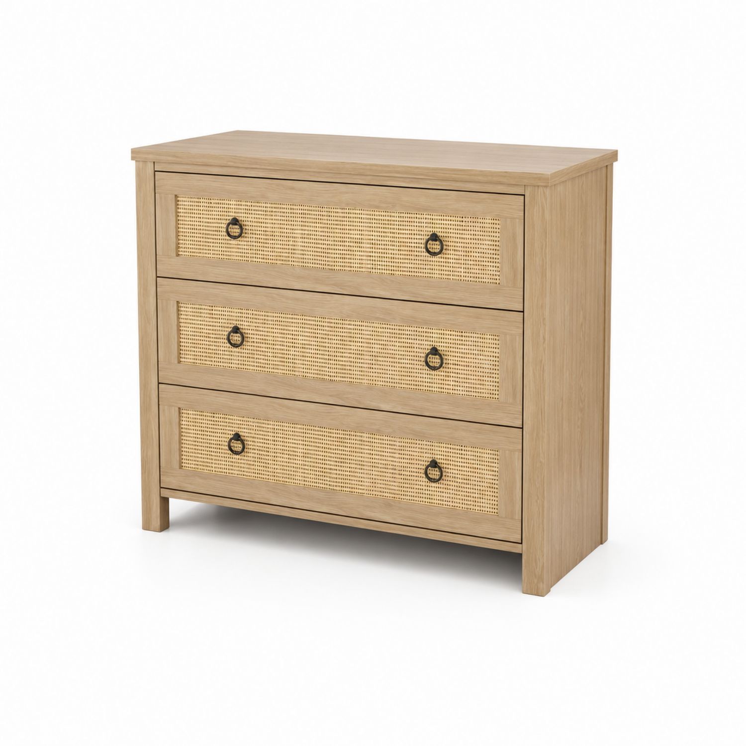 Cajonera de Madera de Roble y Ratán de 3 Cajones