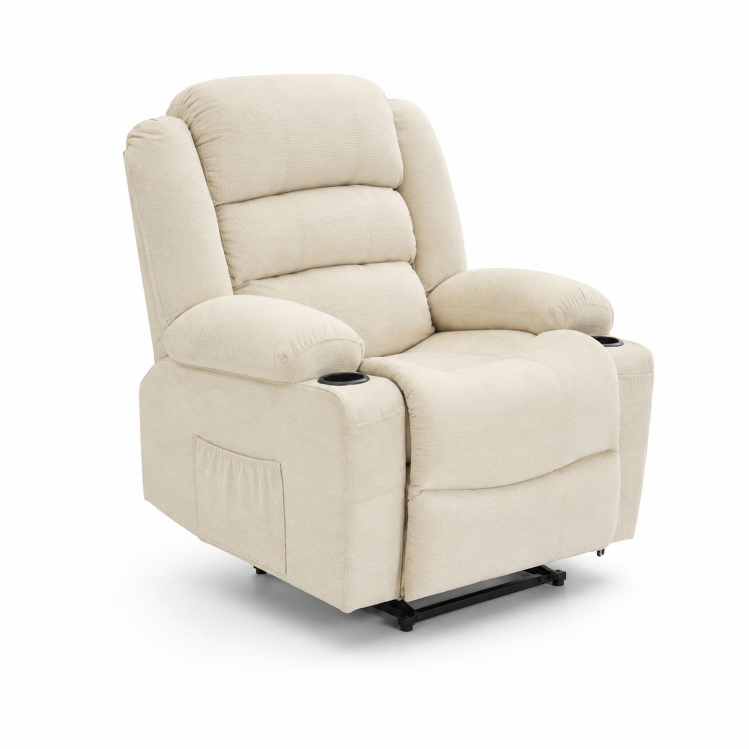 Sillón reclinable de tela beige con portavasos