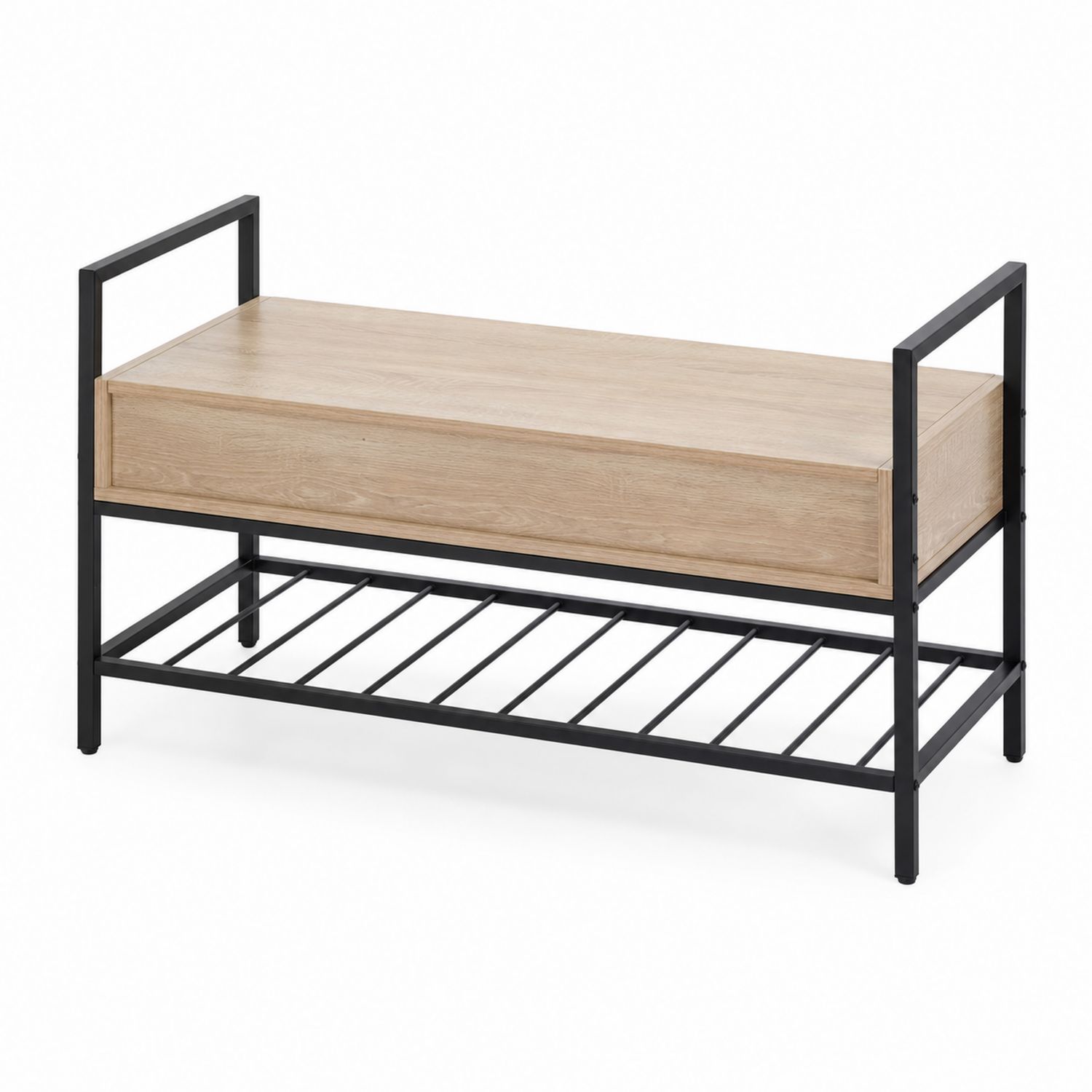 Banco de madera con estructura de metal y almacenamiento