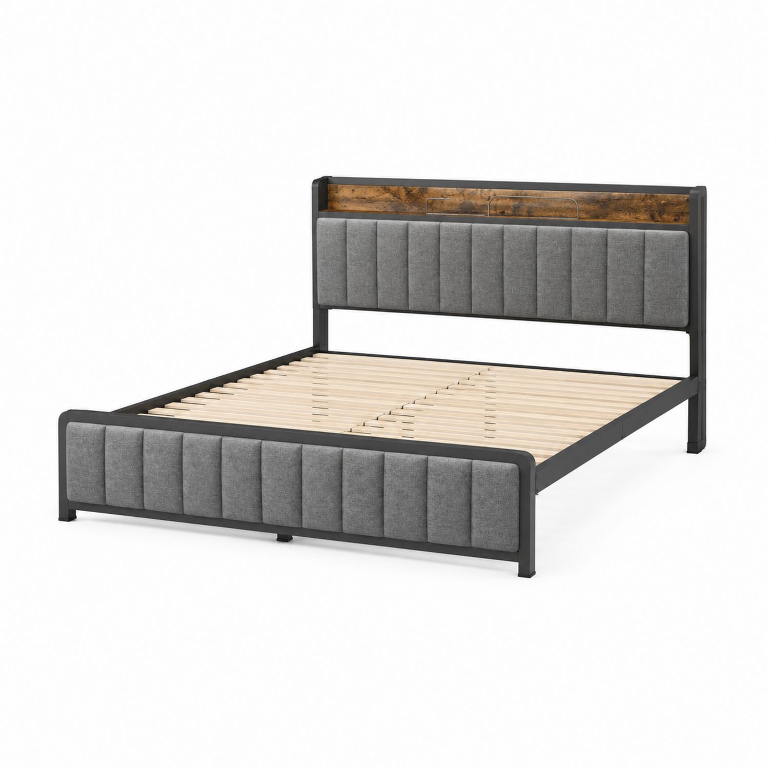 Cama de tela gris con estructura metálica y cabecero de madera