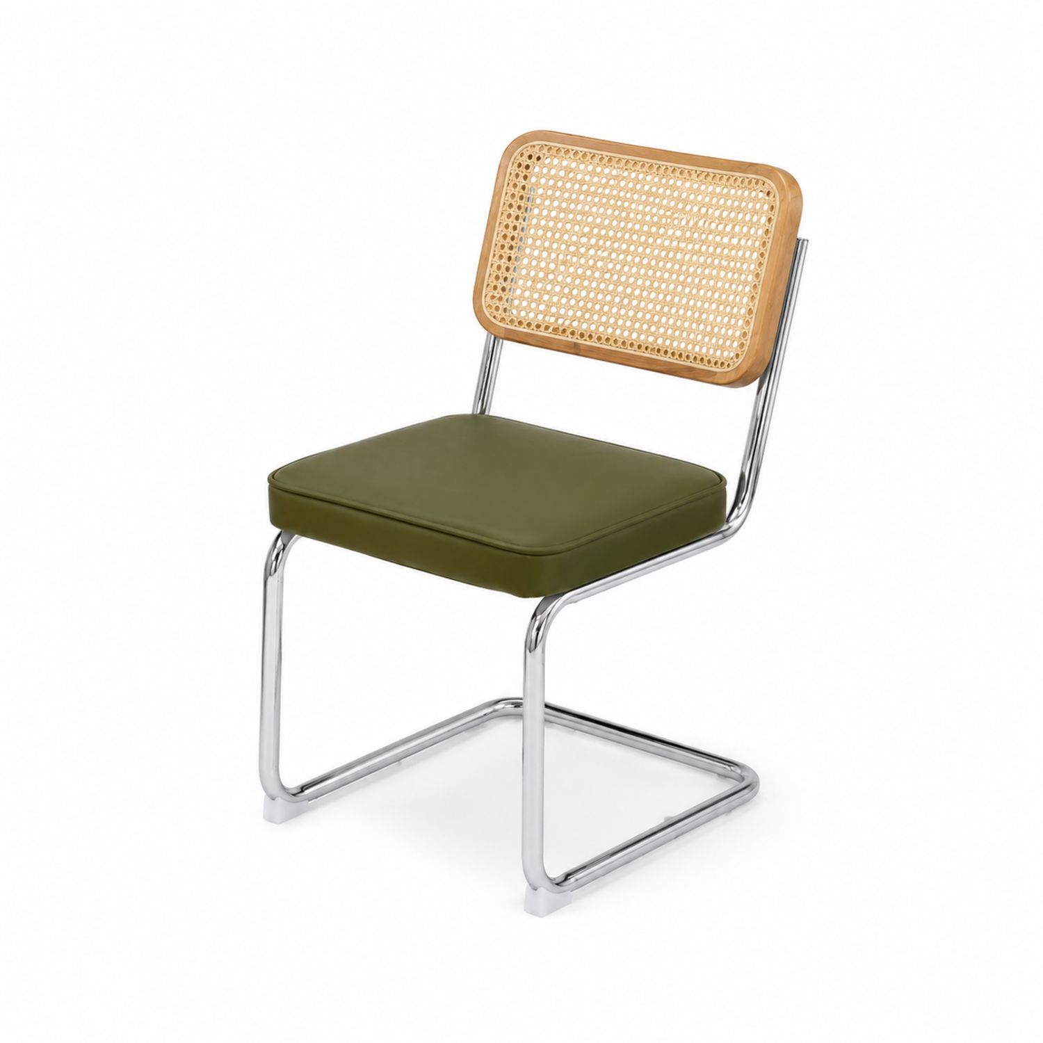 Silla de acero cromado con asiento de PU verde y respaldo de ratán