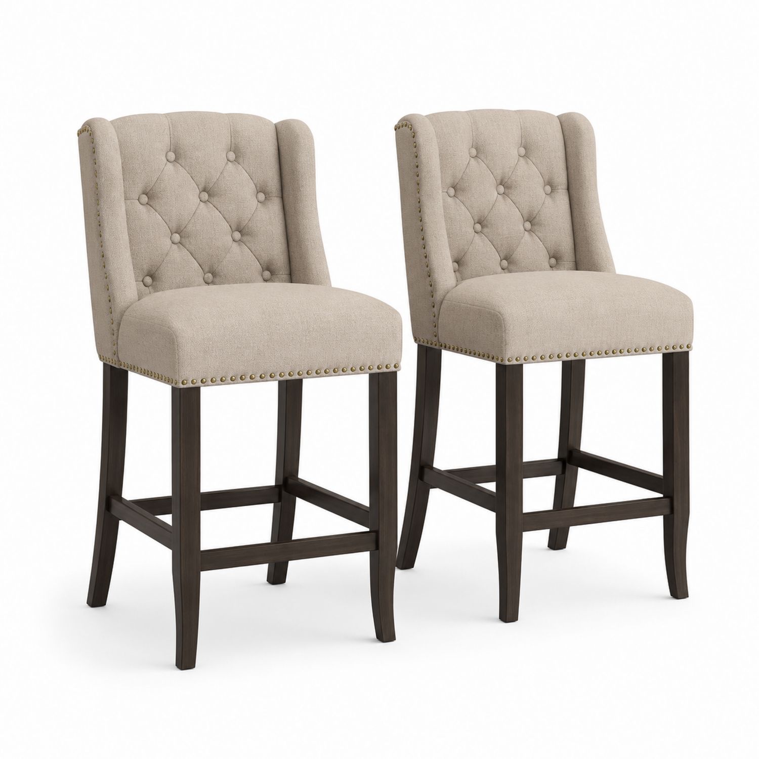 Set di 2 Sgabelli Imbottiti in Legno e Poliestere Beige