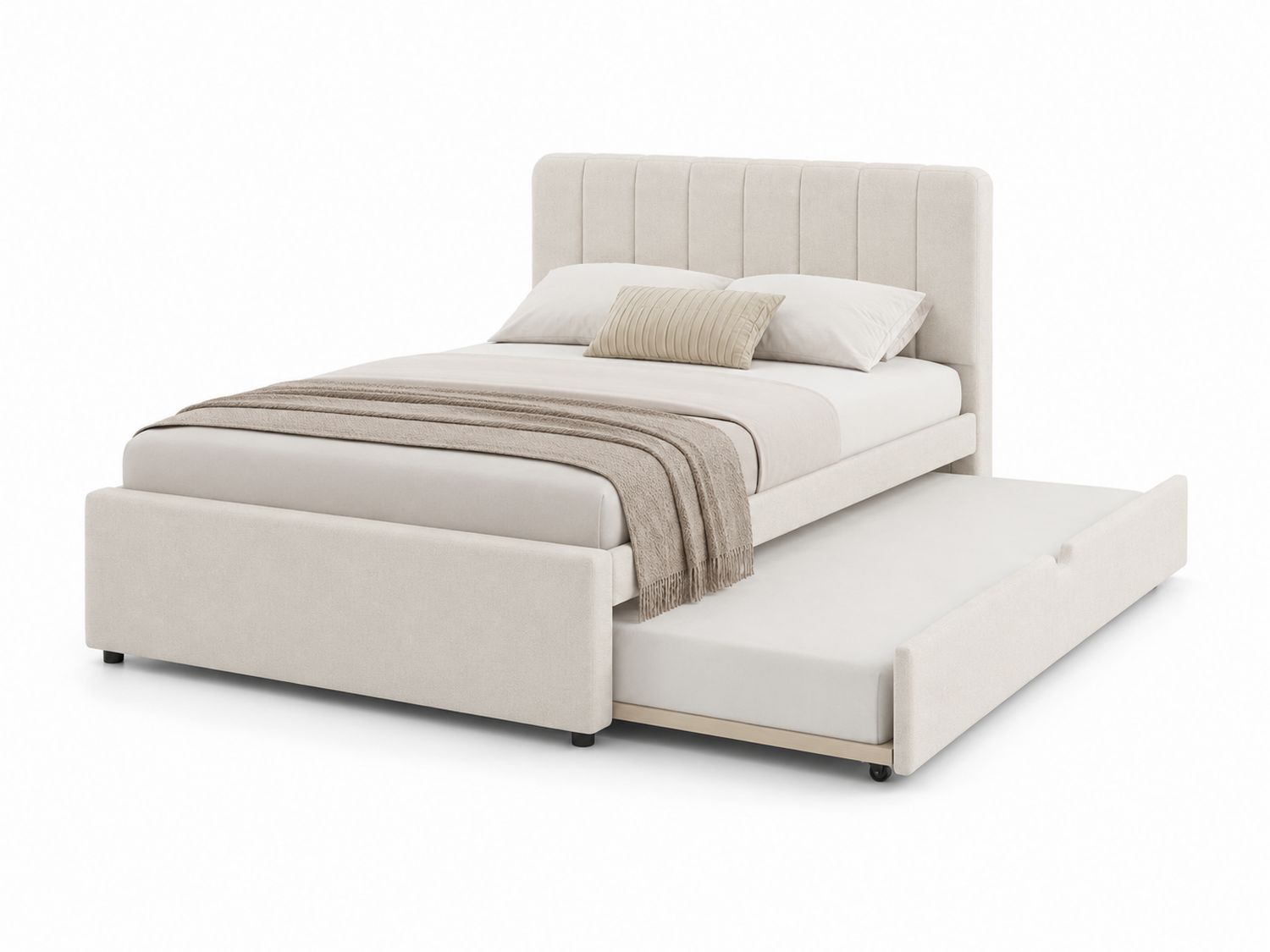 Letto imbottito con base estraibile in tessuto color Avorio