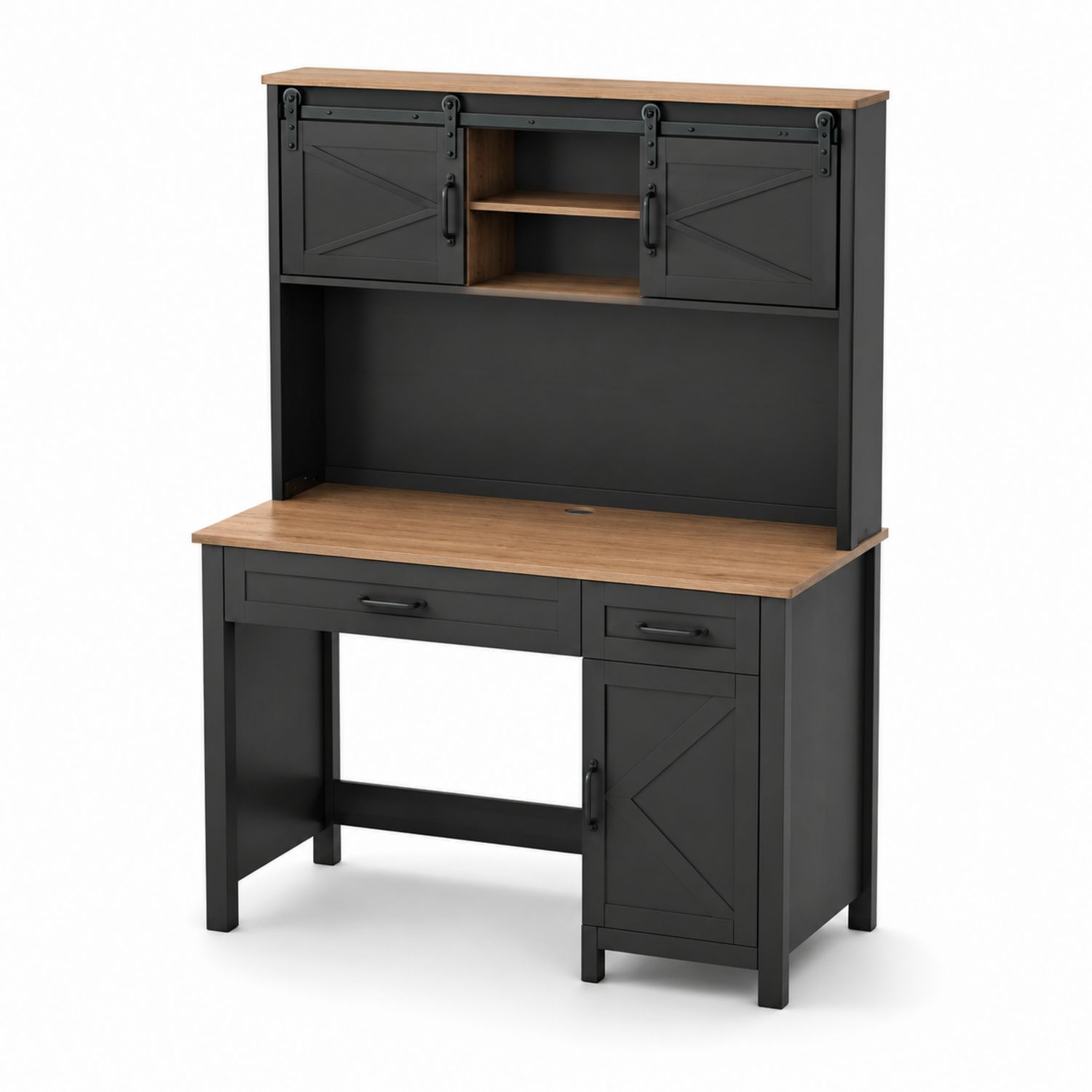 Scrivania in MDF Nero con Ripiano in Legno e Armadietti Scorrevoli