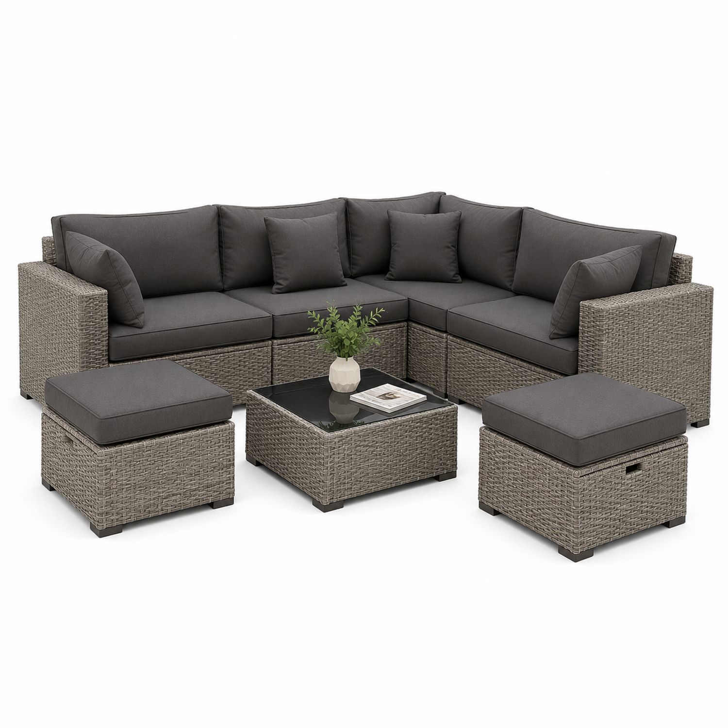 Set Divano Modulare da Esterno in Rattan con Cuscini Antracite