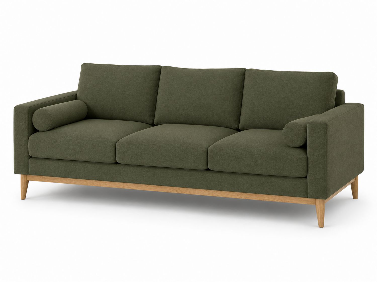 Divano a 3 Posti in Tessuto Poliestere Verde con Gambe in Legno