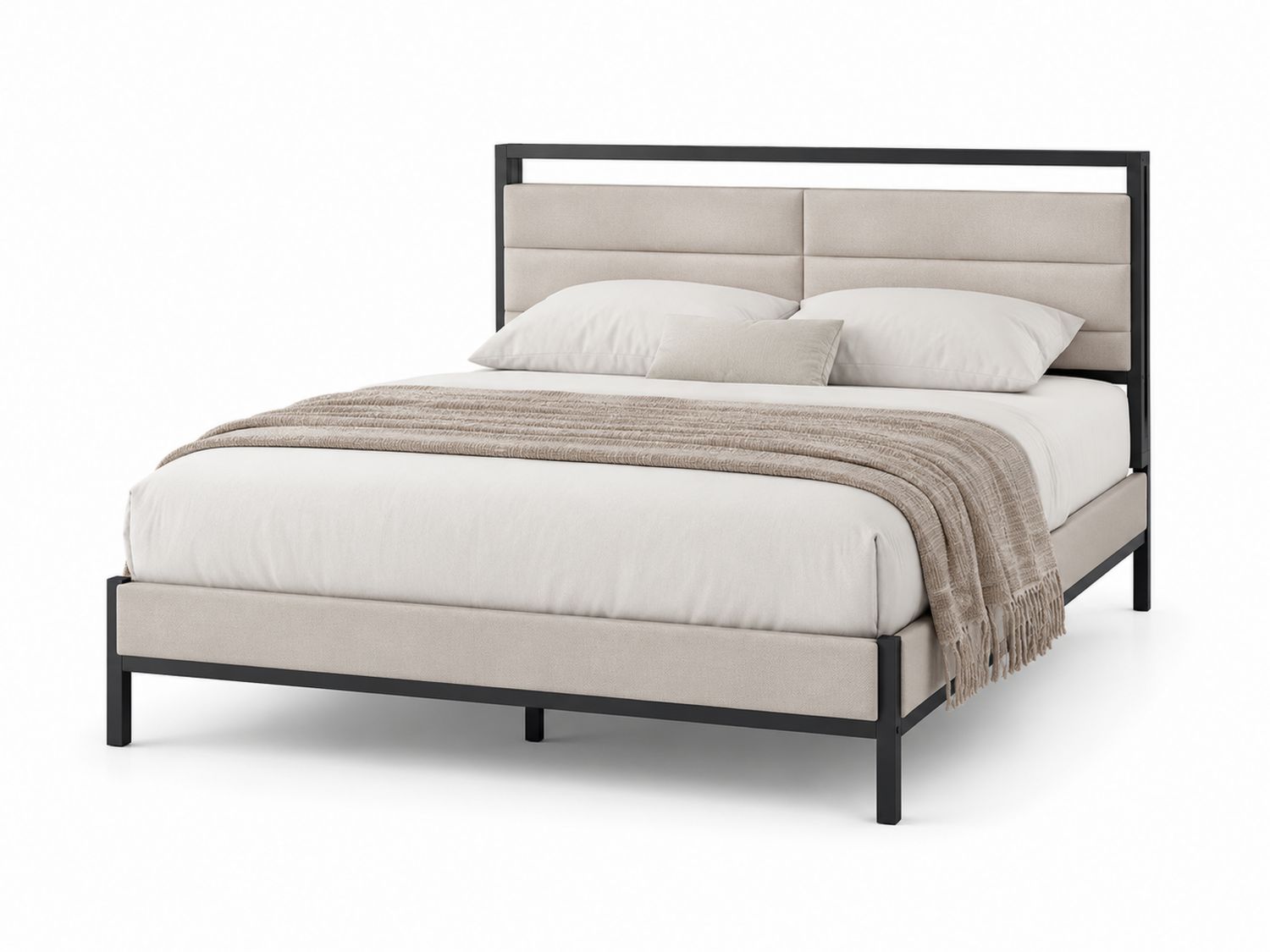 Letto matrimoniale in metallo con testata imbottita in poliestere beige