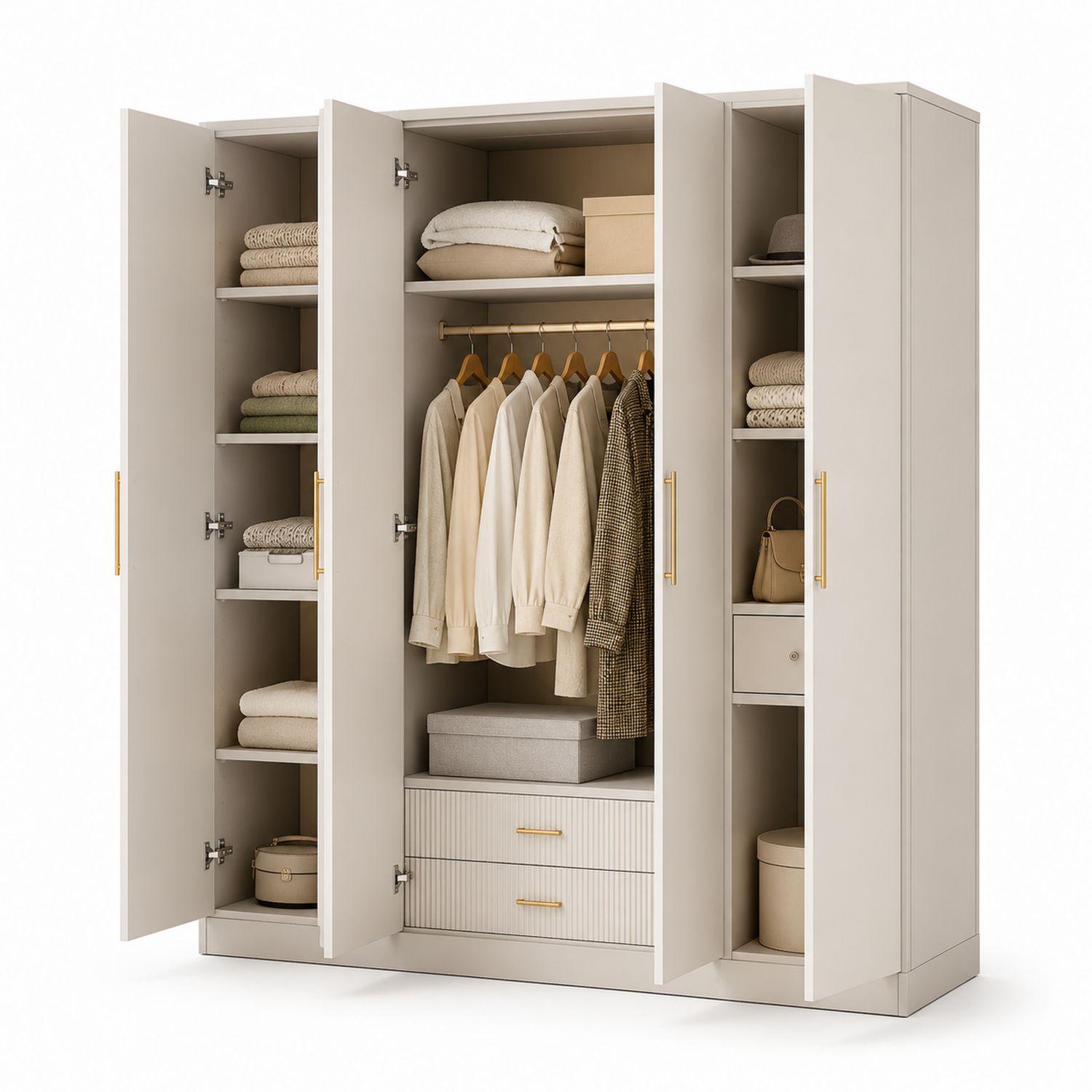 Armadio guardaroba a 4 ante in MDF bianco con maniglie in acciaio dorato, 200x180x60 cm