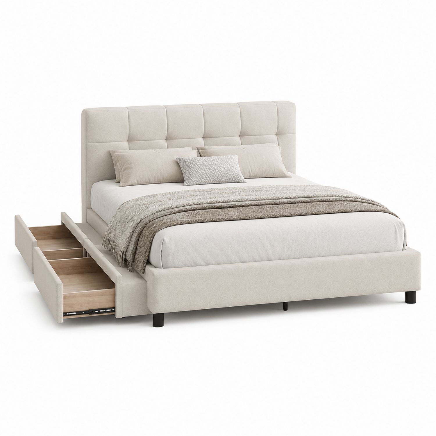 Letto matrimoniale in tessuto beige con cassetti