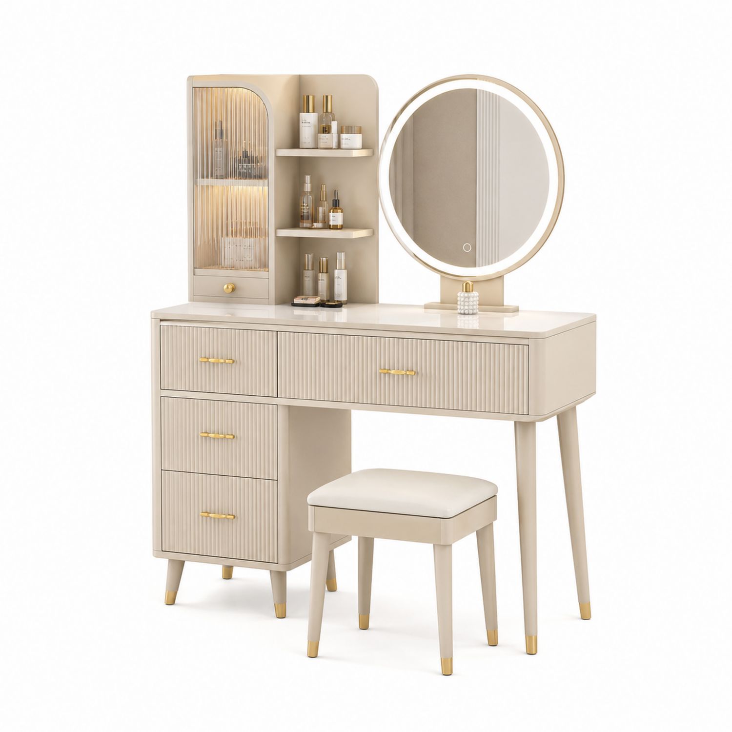 Toeletta con Specchio Rotondo e Sgabello in Legno Beige e PU