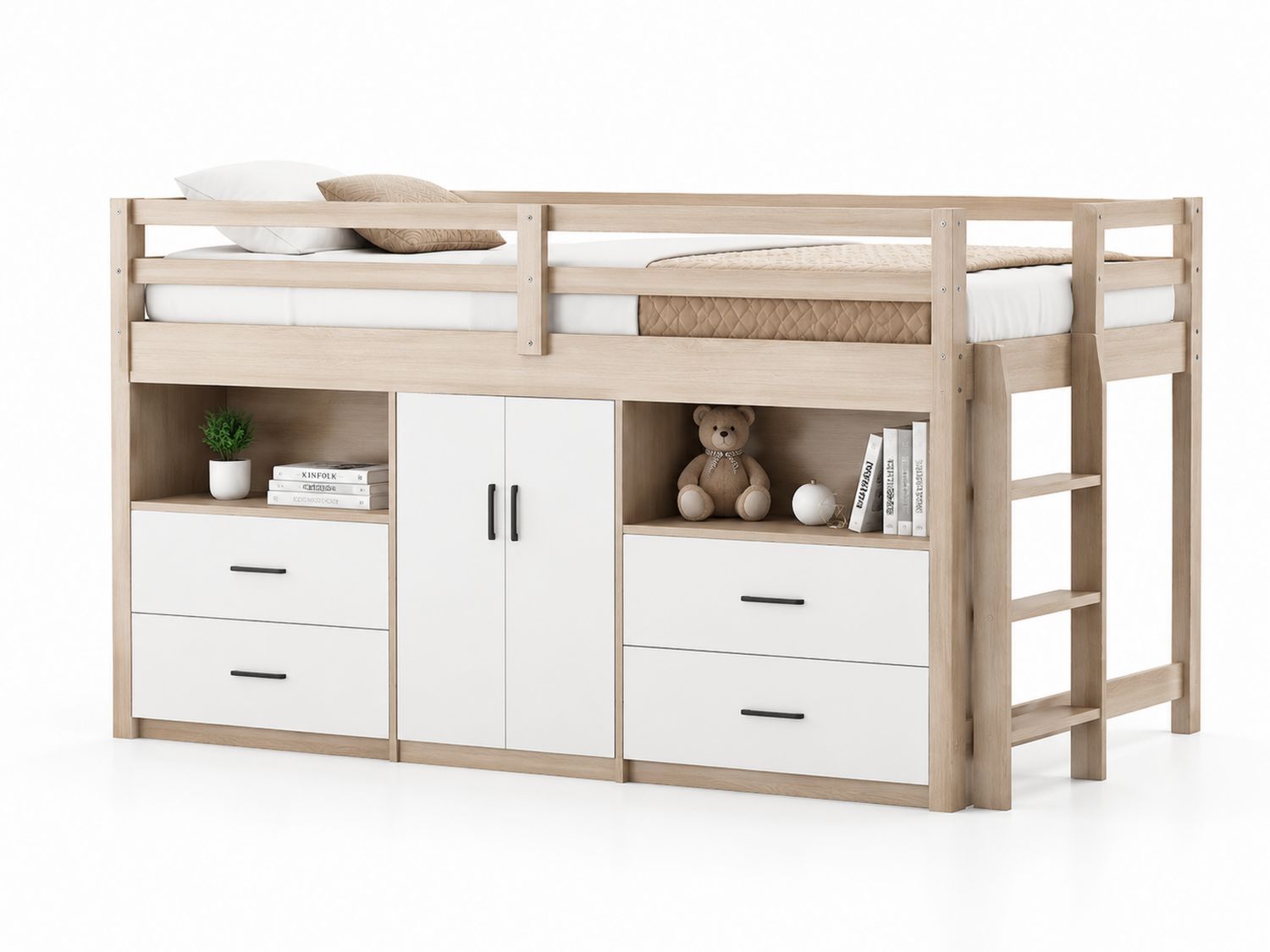 Letto a soppalco in legno con armadio e cassetti 200x90 cm