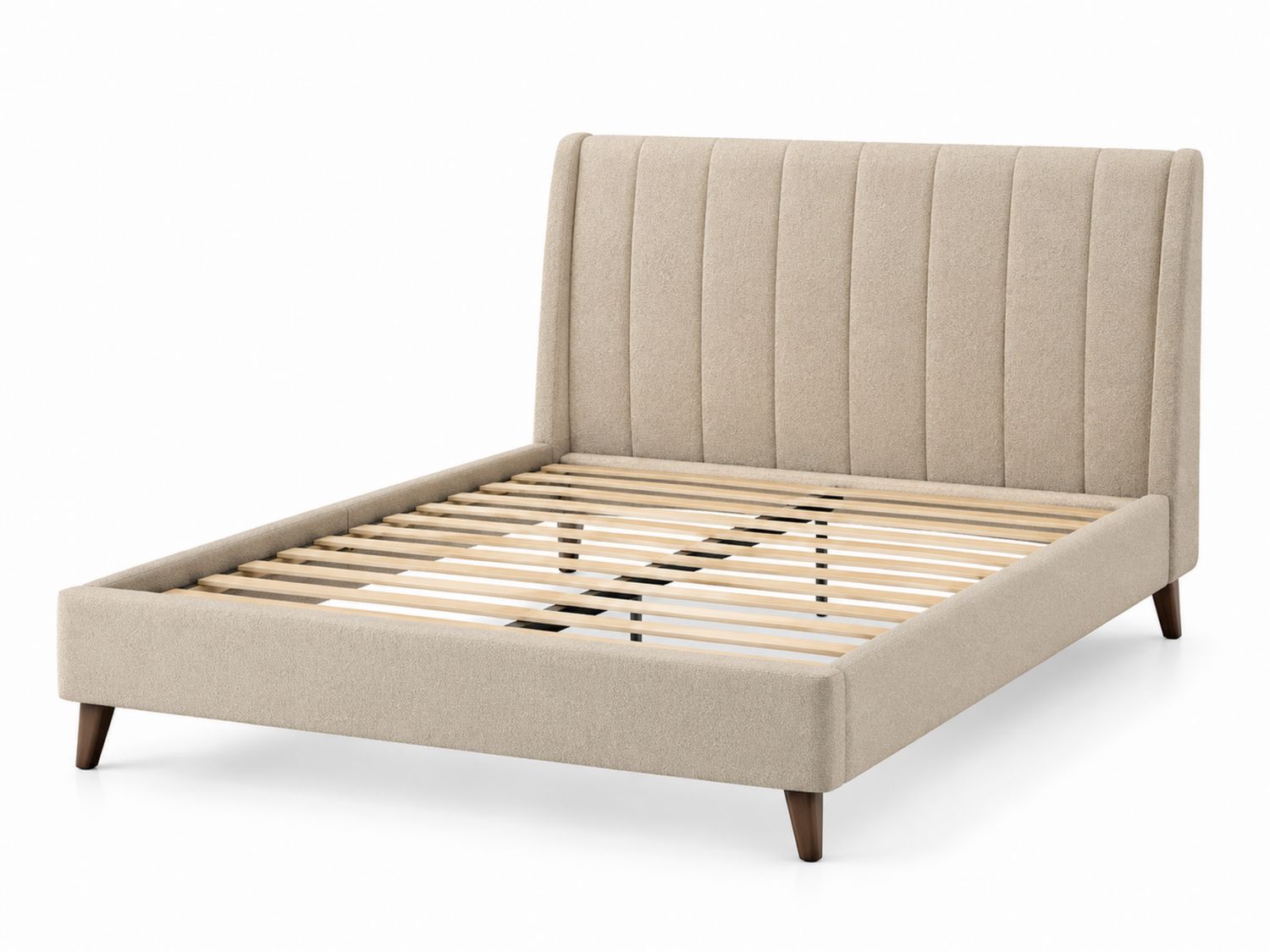 Letto matrimoniale in tessuto beige con struttura in legno