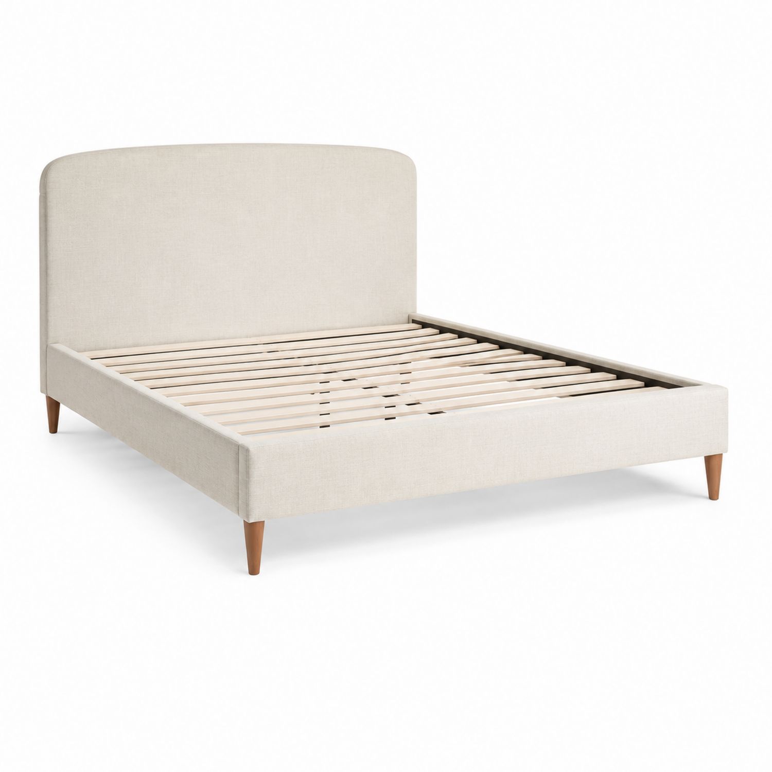 Letto matrimoniale in tessuto beige con struttura in legno