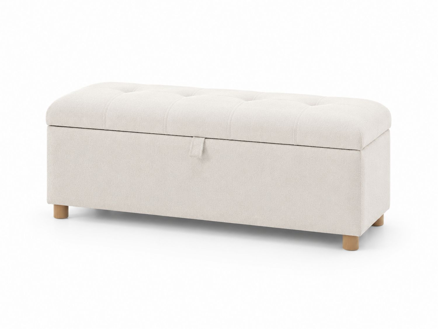 Panca contenitore tessuto beige con gambe in legno