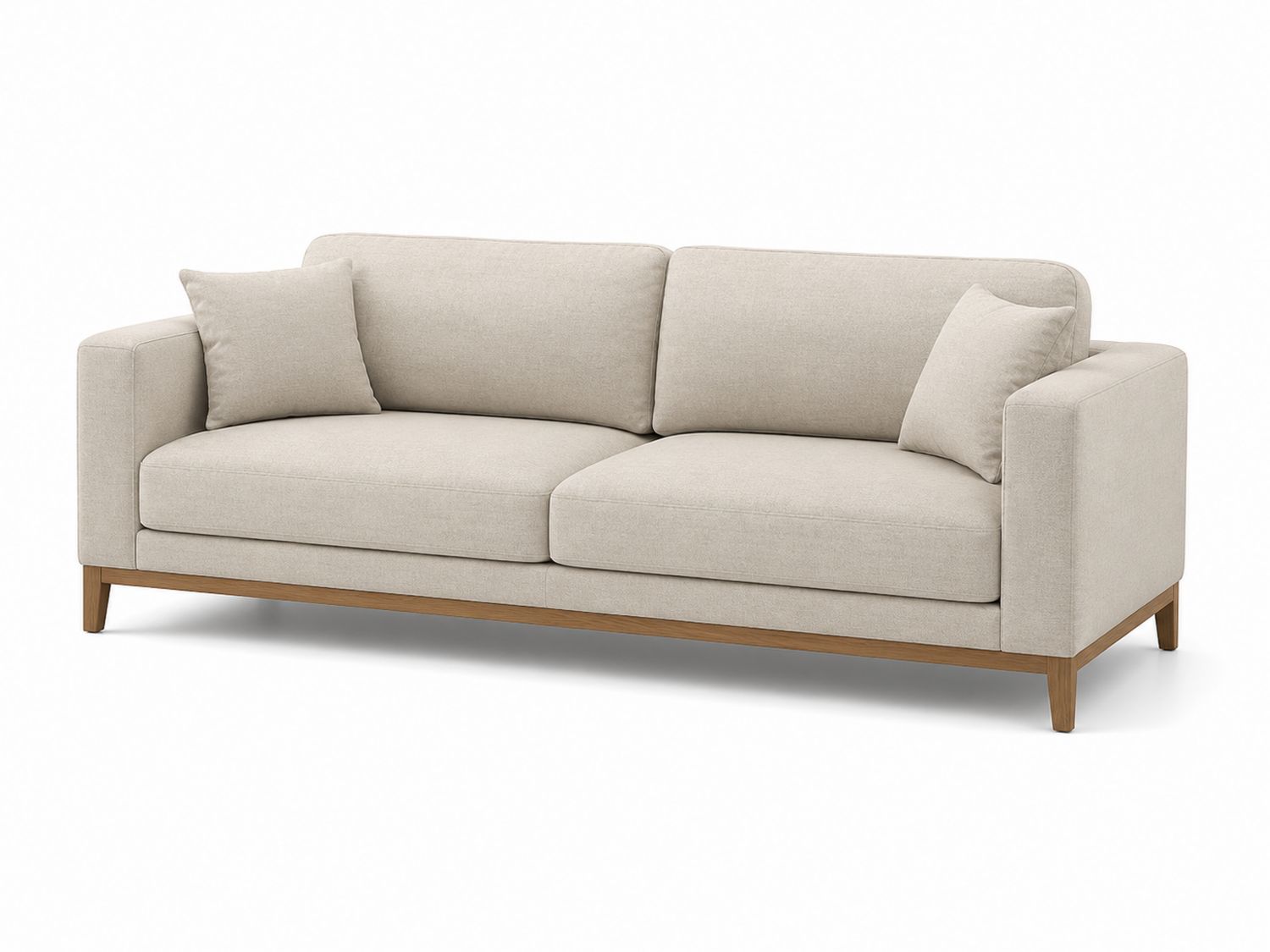 Divano 3 posti in tessuto beige con base in legno