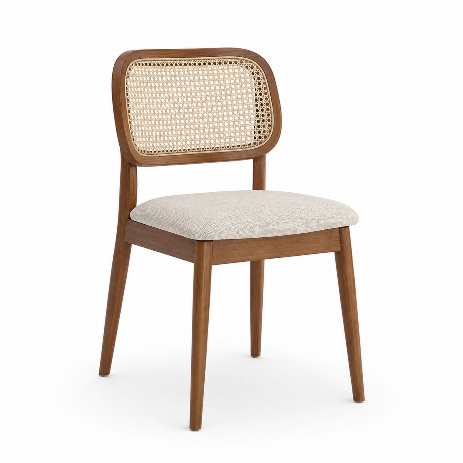 Sedia in legno con schienale di rattan e seduta in lino