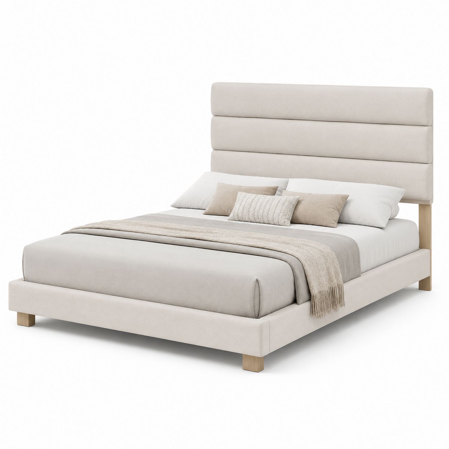 Letto Matrimoniale in Tessuto e Legno Beige