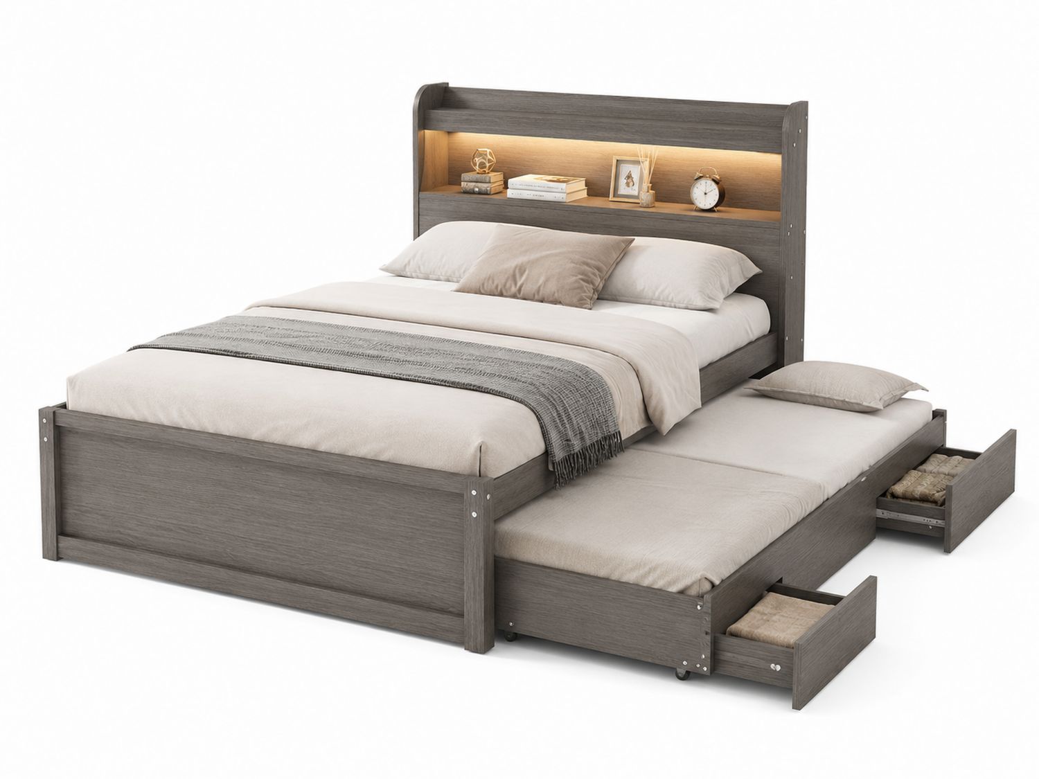 Letto matrimoniale con letto estraibile e cassetti in legno