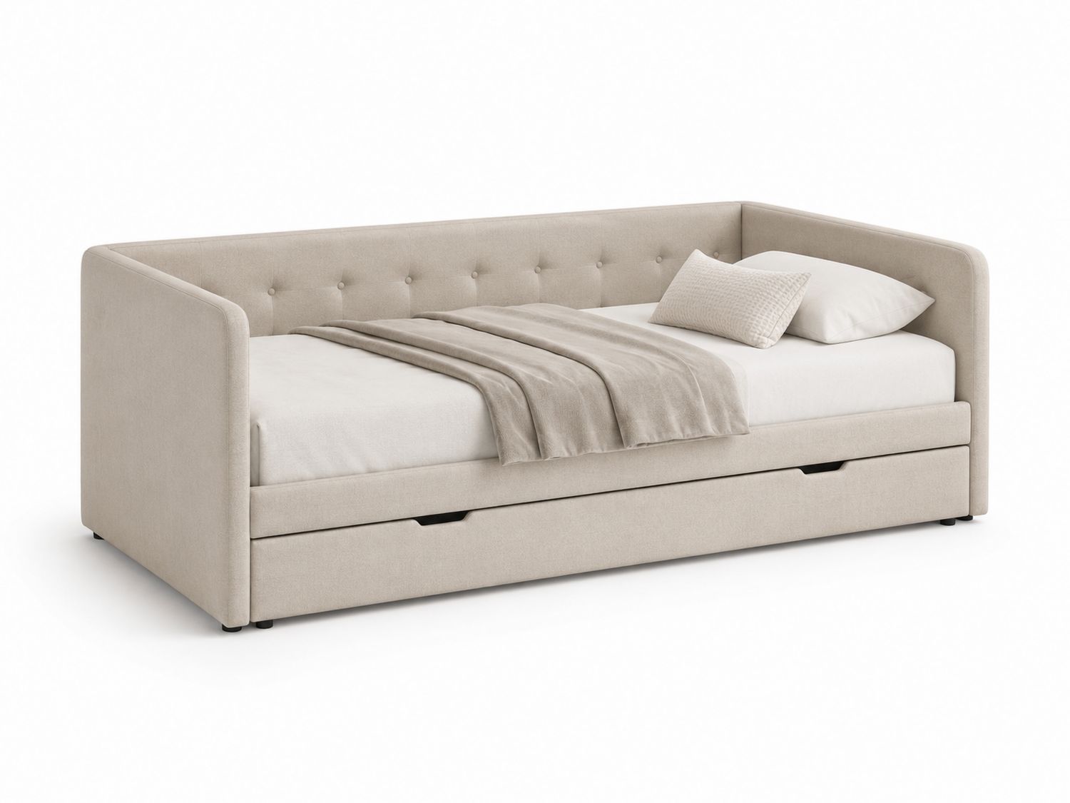 Divano Letto Singolo in Tessuto Beige con Cassetto Estraibile