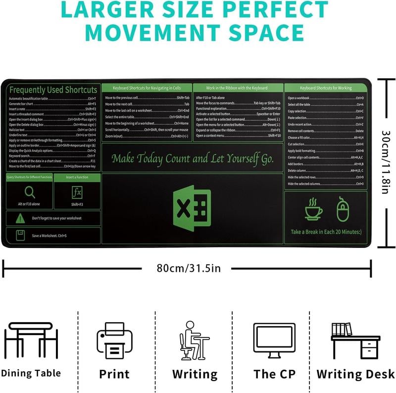 Large Size Mouse Pad With Creative Office Shortcuts For Word/Excel/PowerPoint