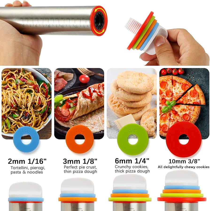 Amazon.com: MIKULA Rolling Pin. Rolling Pins Thickness Rings and Silicone  Baking Pastry Mat Set. Stainless Steel Dough Roller Rolling Pins for Baking  & Bench Scraper For Pizza. Cookies. Pie. Pasta. Pastries: Home