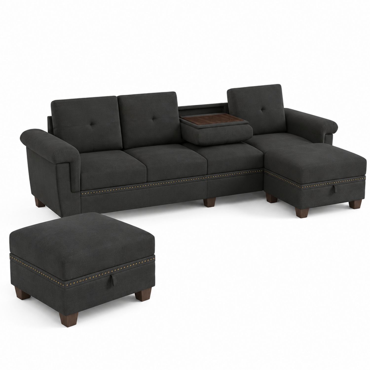 Divano angolare in velluto grigio scuro con pouf e tavolino integrato-Velrivar