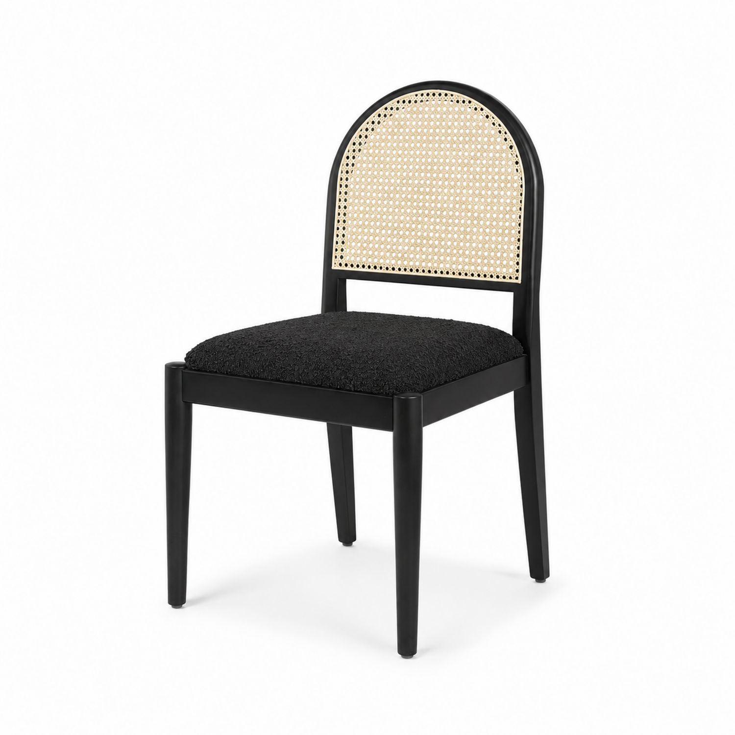 Sedia in Legno e Rattan con Seduta Bouclé Nera-Velrivar
