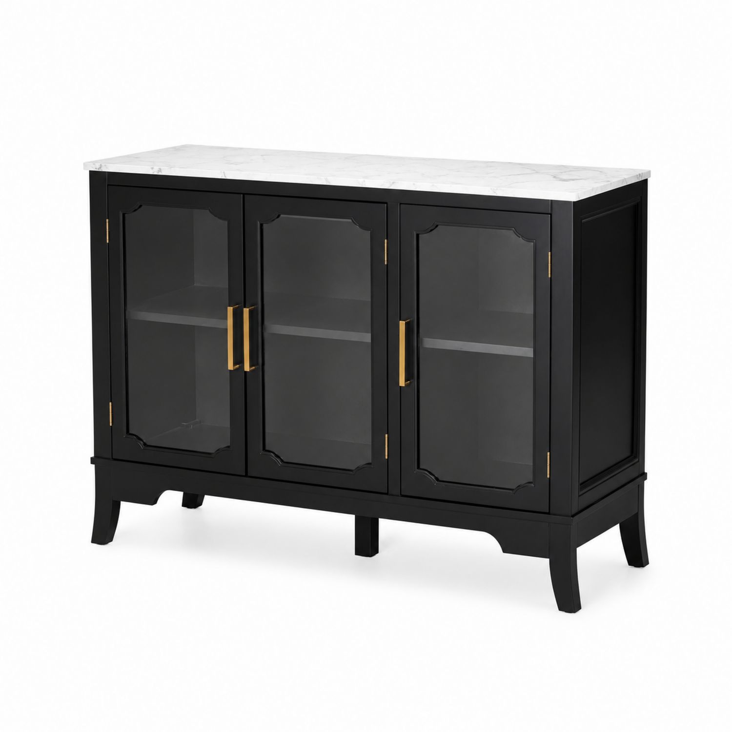 Credenza in Legno con Ante in Vetro e Piano in Marmo, Nero, 120x40x80 cm-Velrivar