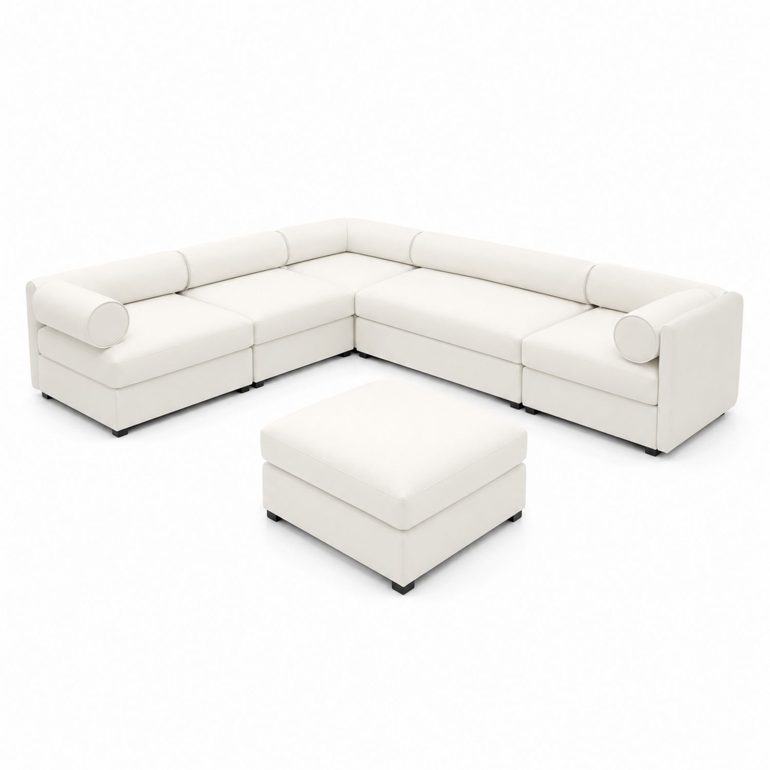 Divano modulare angolare in pelle sintetica bianca con pouf-Velrivar