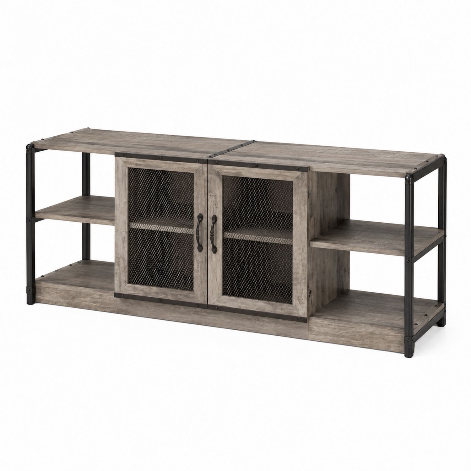 Mobile TV in legno di rovere e metallo con porte a rete metallica, 152x40x60 cm, Marrone/Nero-Velrivar
