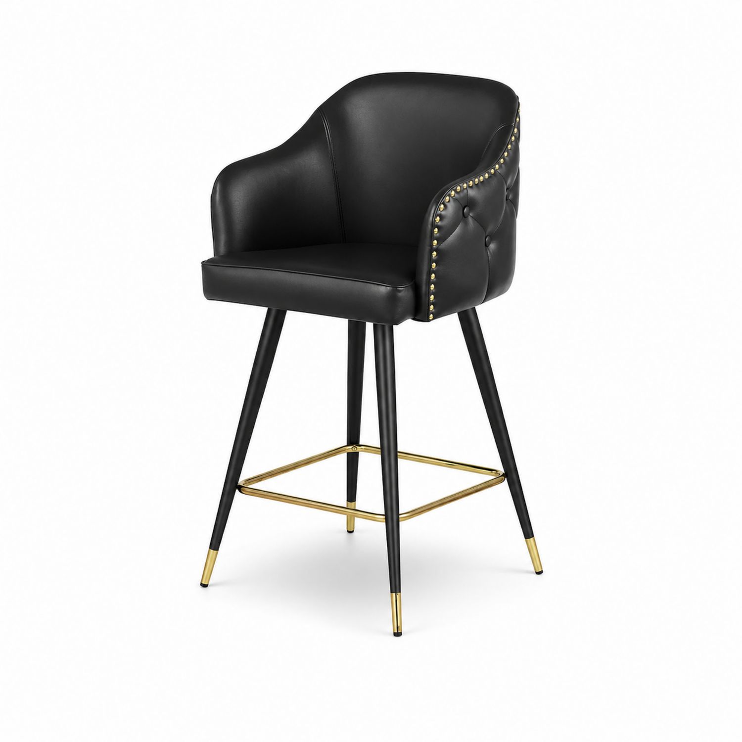 Sgabello da bar in pelle PU con dettagli in ottone e struttura in metallo, Nero-Velrivar