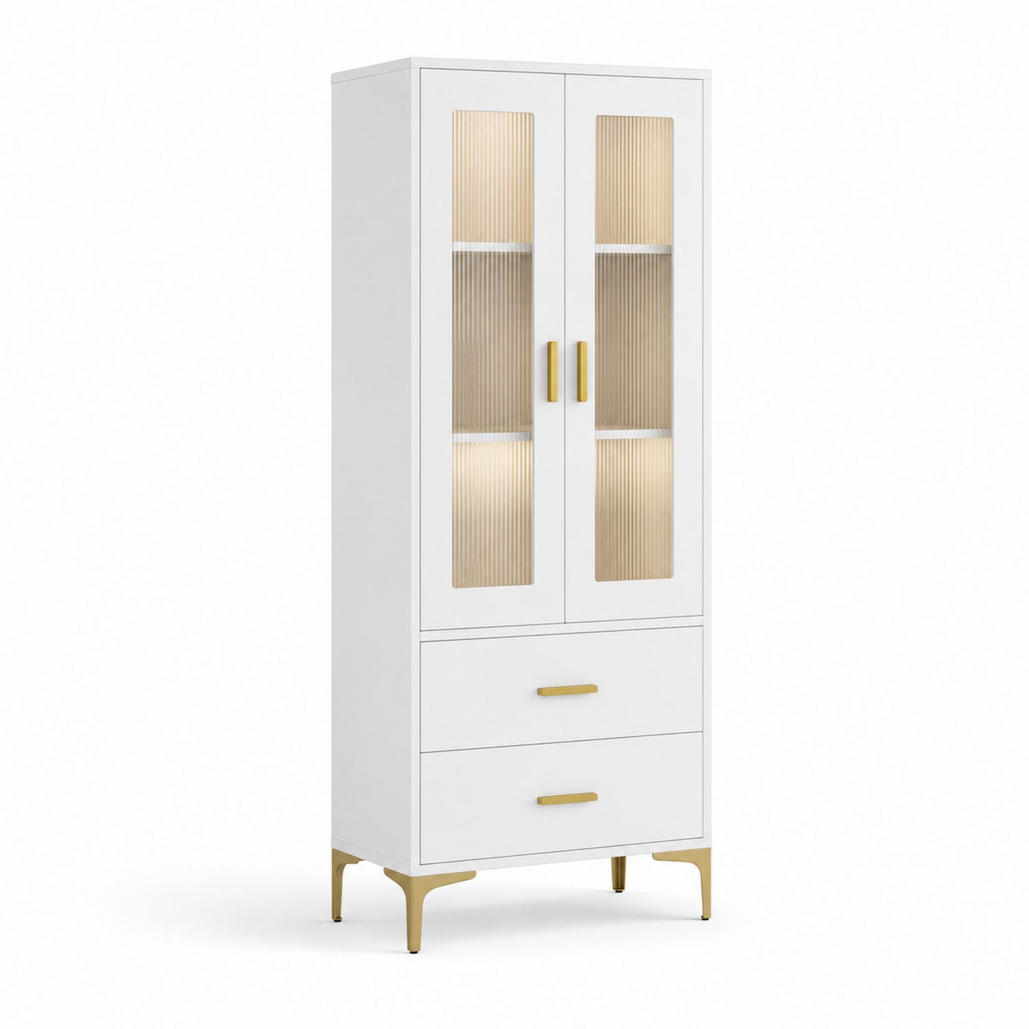 Vetrina alta in legno MDF e vetro temperato bianco con cassetti-Velrivar