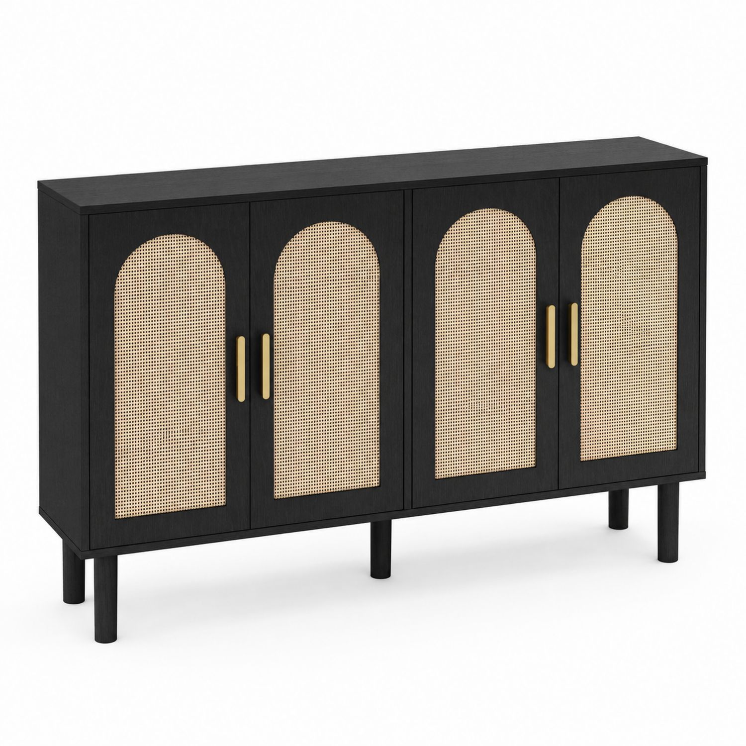 Credenza in legno e rattan nero con maniglie dorate 150x40x80 cm-Velrivar