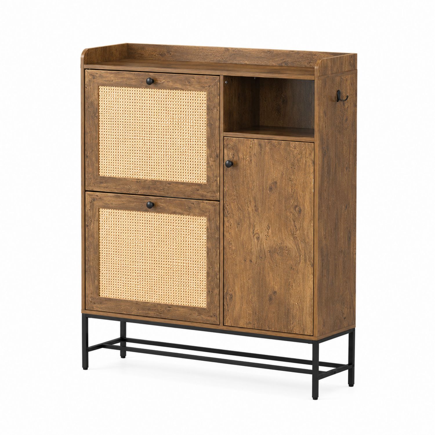 Scarpiera Rettangolare in Legno MDF e Metallo con Ante in Rattan, 90x100x30 cm, Noce Naturale-Velrivar