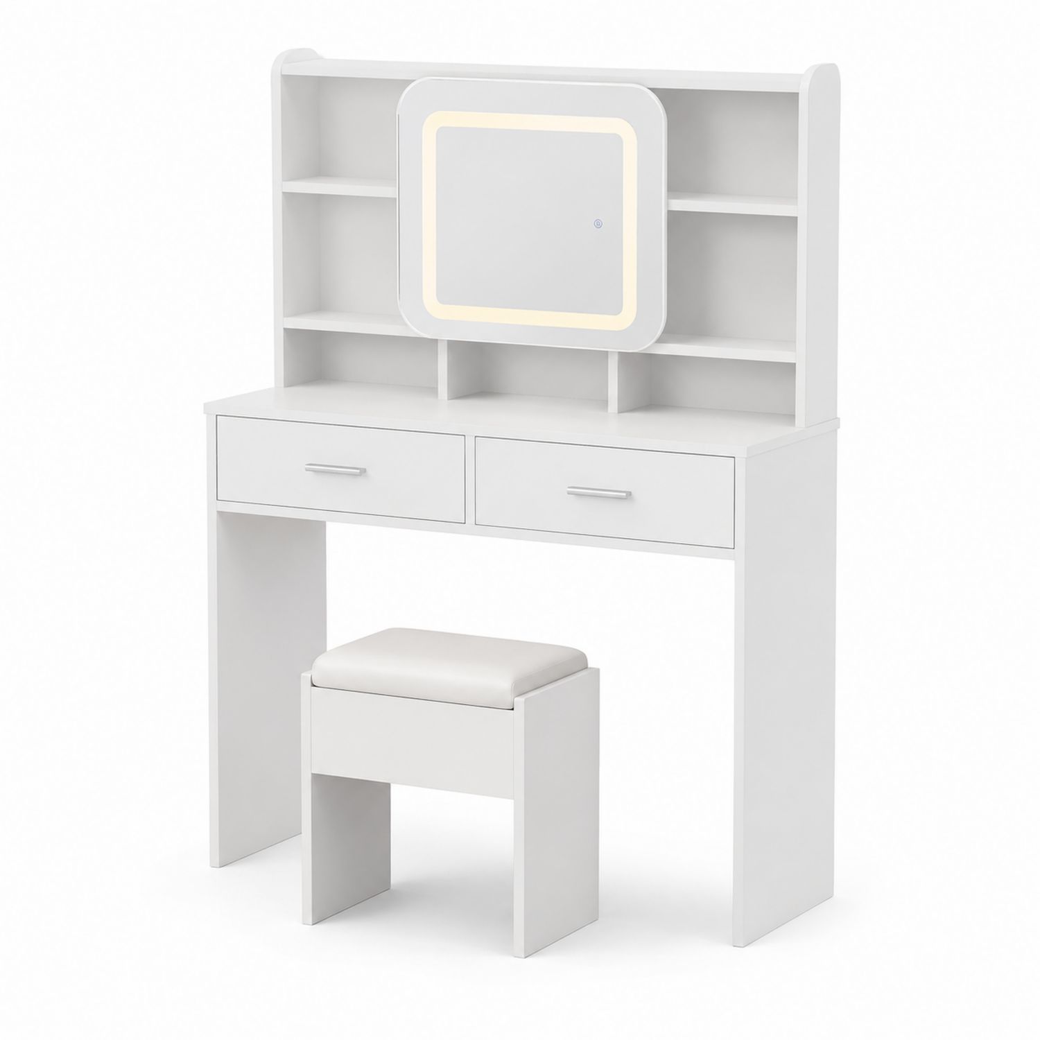 Toeletta con Specchio LED e Sgabello Imbottito in MDF Bianco-Velrivar