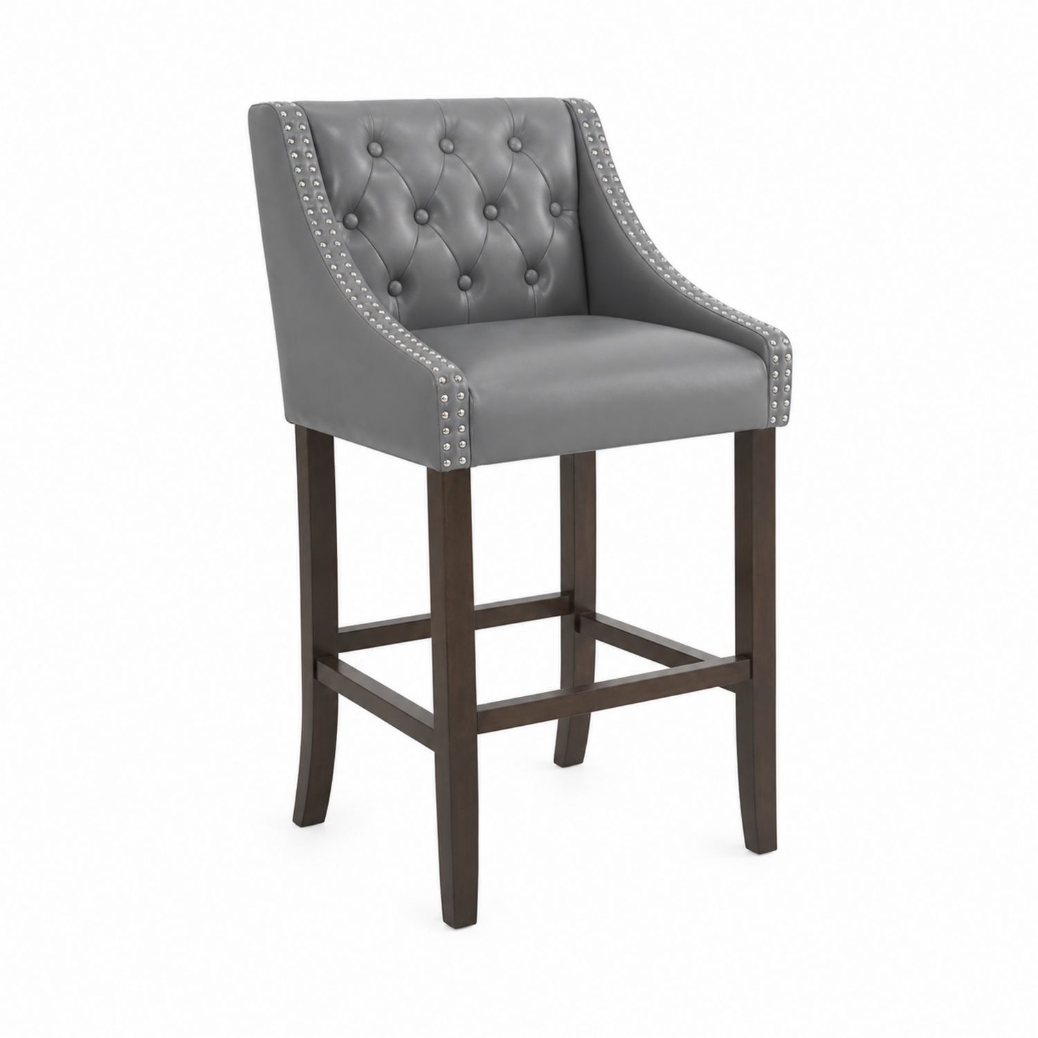Sgabello da bar in pelle grigia con gambe in legno-Velrivar