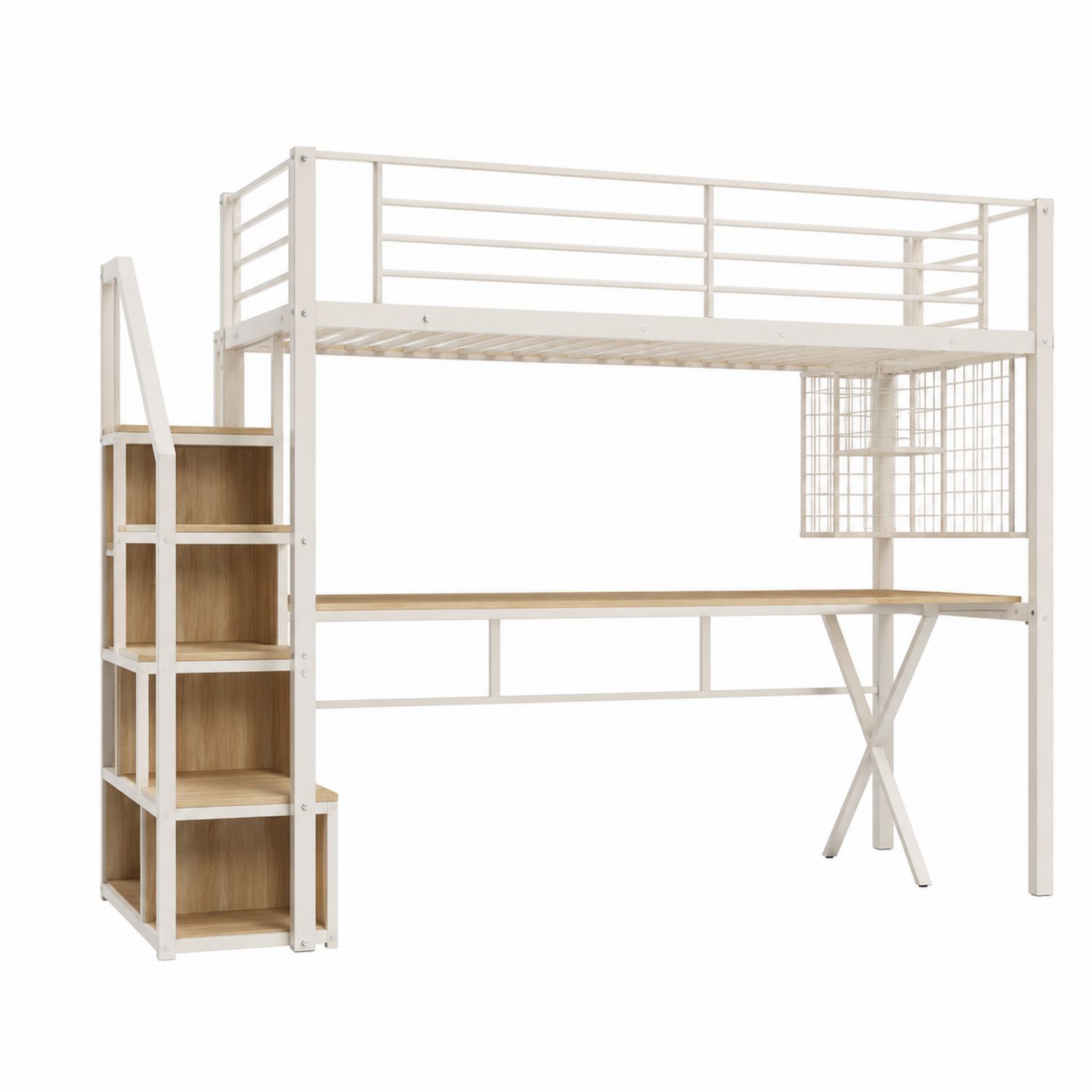 Letto a soppalco in metallo e legno con scrivania e scaffale bianco-Velrivar