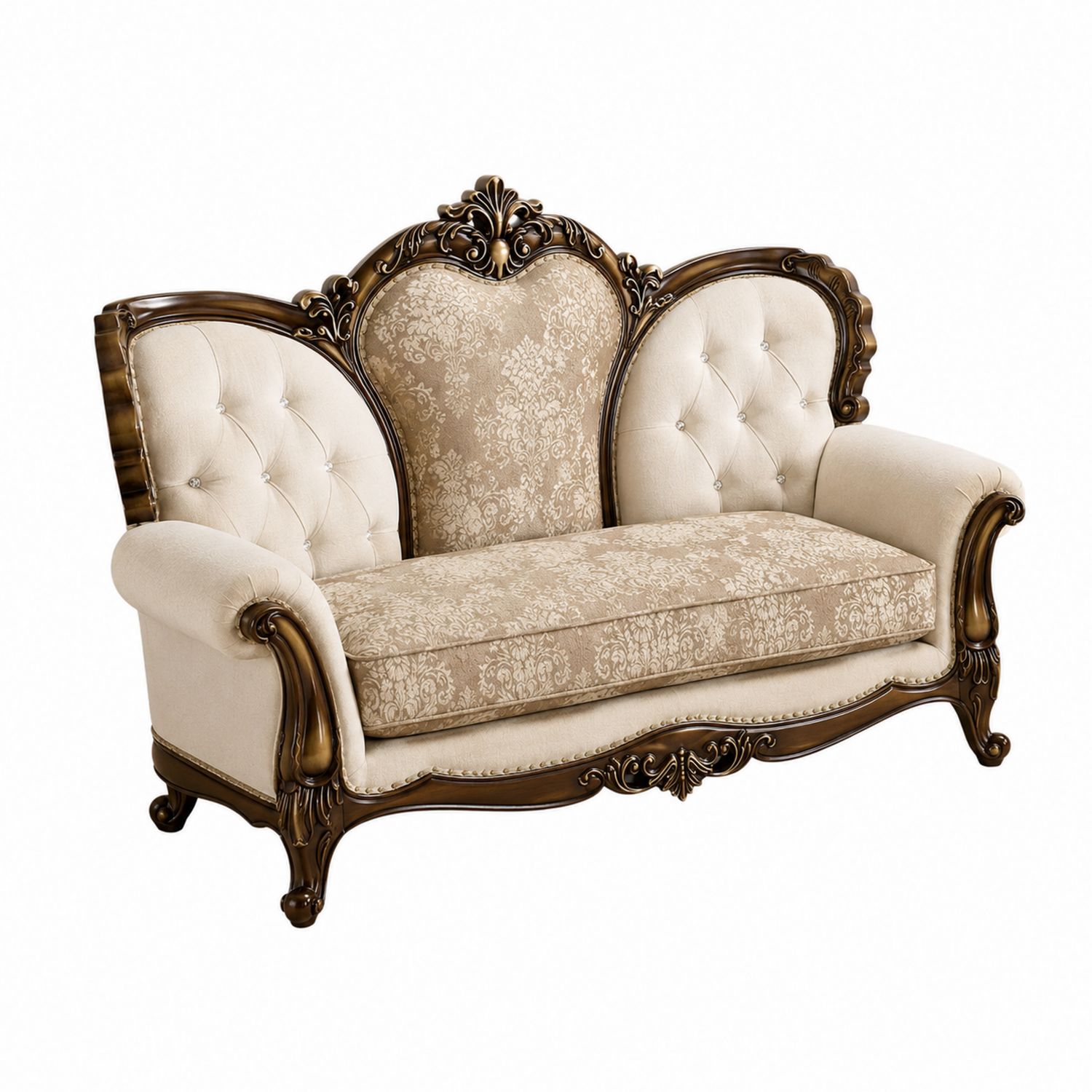 Divano in Legno Massello con Rivestimento Damascato Beige-Velrivar