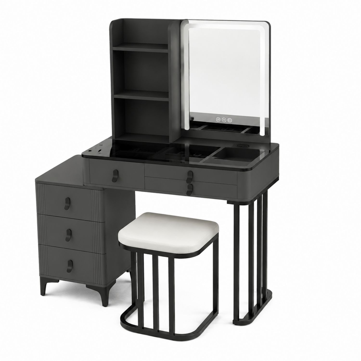Toeletta Rettangolare con Specchio e LED, Metallo e MDF, Nero e Bianco