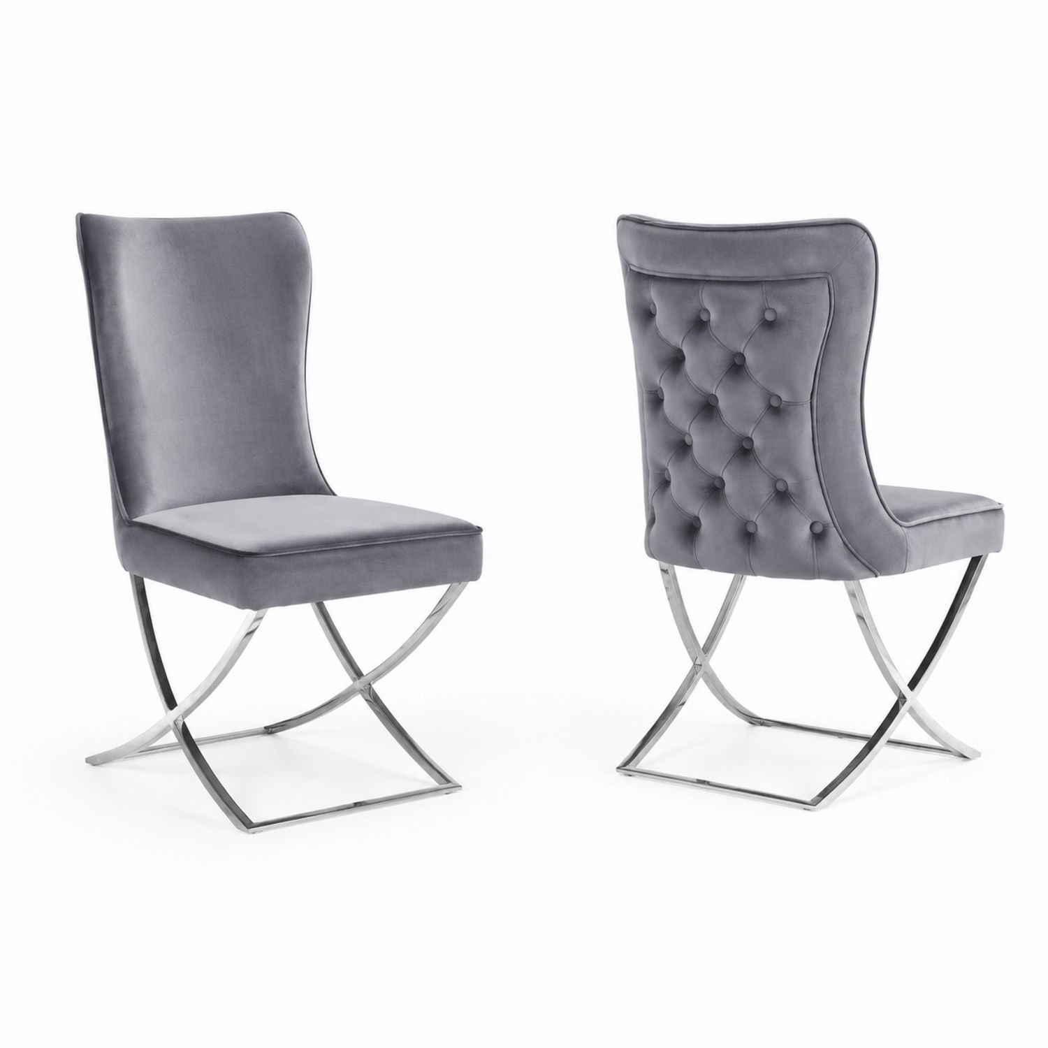 Sedia in velluto grigio con gambe in acciaio